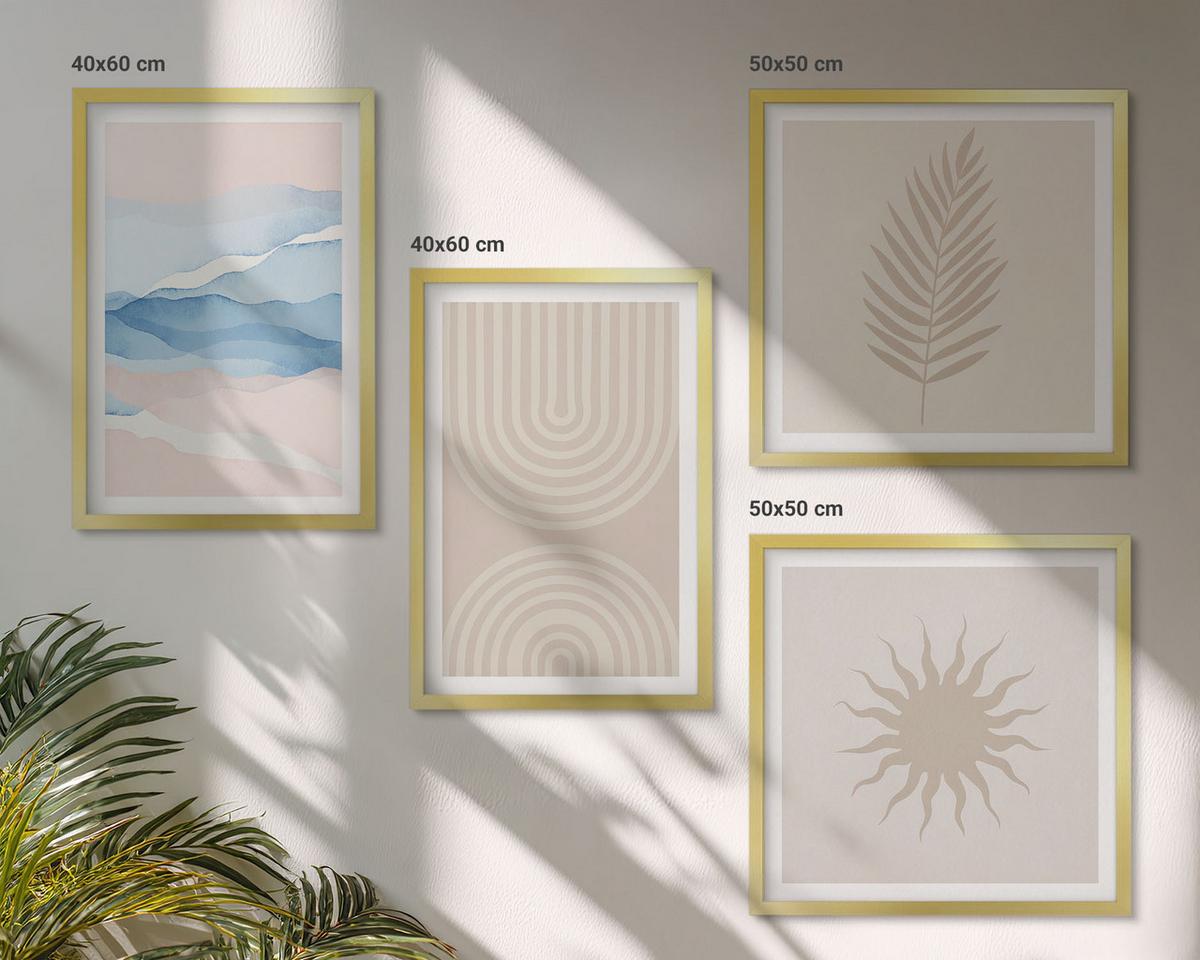BILDER SET 4er Set - 50x50 cm & 40x60 cm Goldrahmen - Abstrakte Linien der Sonnenwellen - Goldfarben, Kunststoff (50/50cm) - TULUP