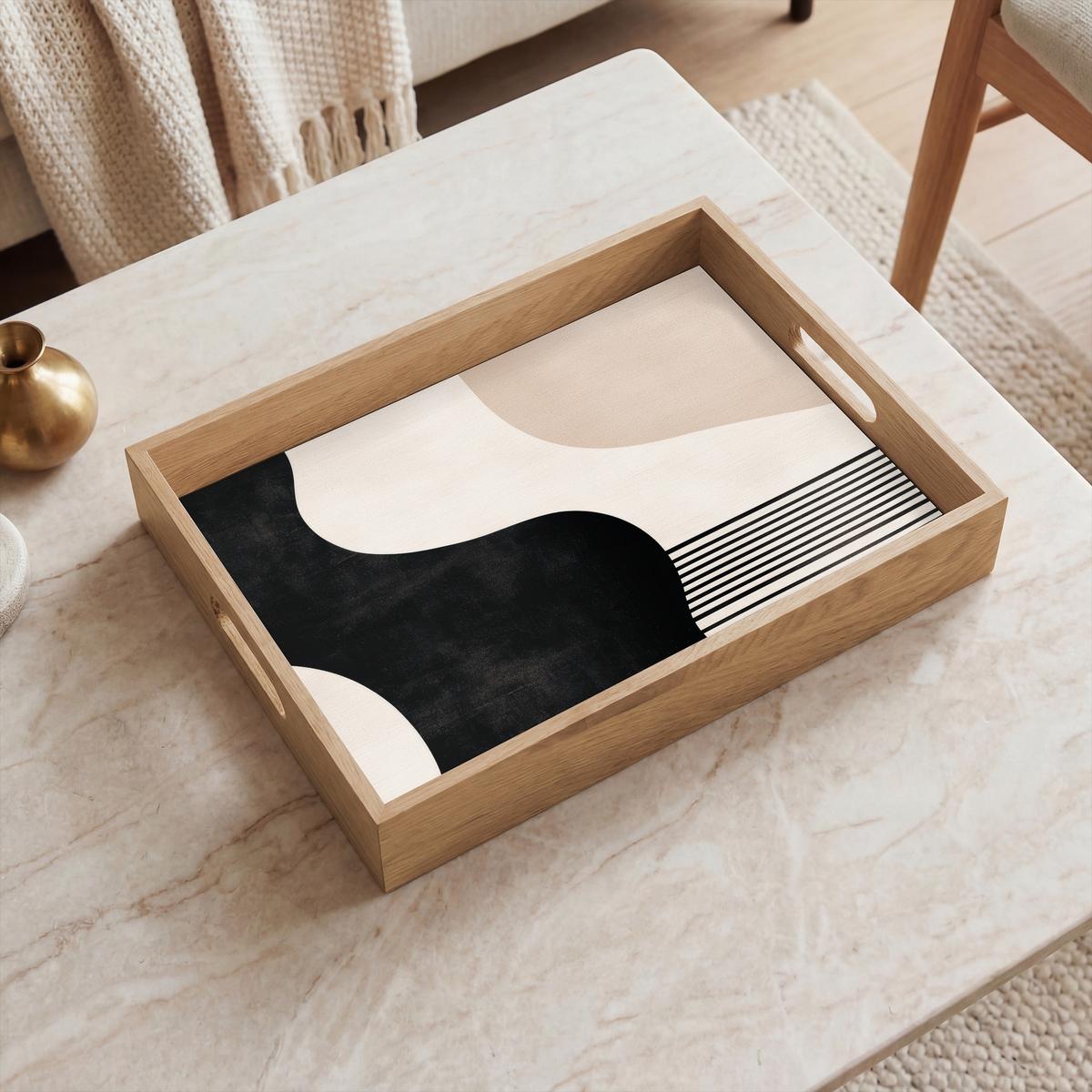 TABLETT Abstrakt - Japandi - Beige - Modern 40x30 cm - Schwarz, Holz (40/5/5cm) - OnlyWow