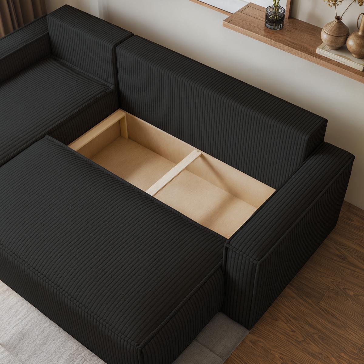 ECKSOFA RAVELO P Schwarz Kordstoff mit Schlaffunktion - Schwarz/Grau, Holz/Kunststoff (240/140cm) - MASSENO