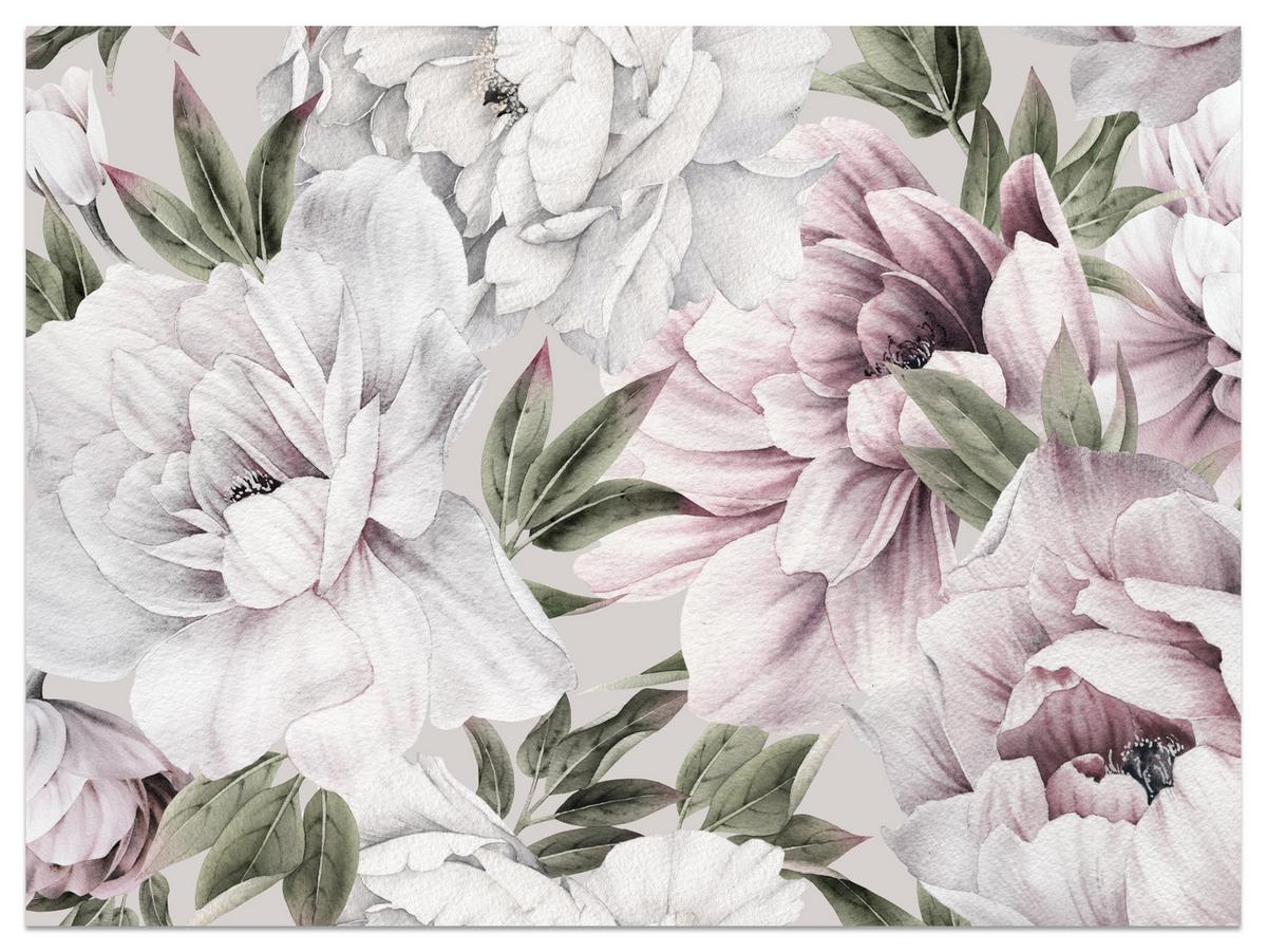 FOTOTAPETE für Schlafzimmer Pastell Pfingstrosen Boho Pflanzen 450x315 - Violett/Rosa, Papier (450/315cm) - Muralo