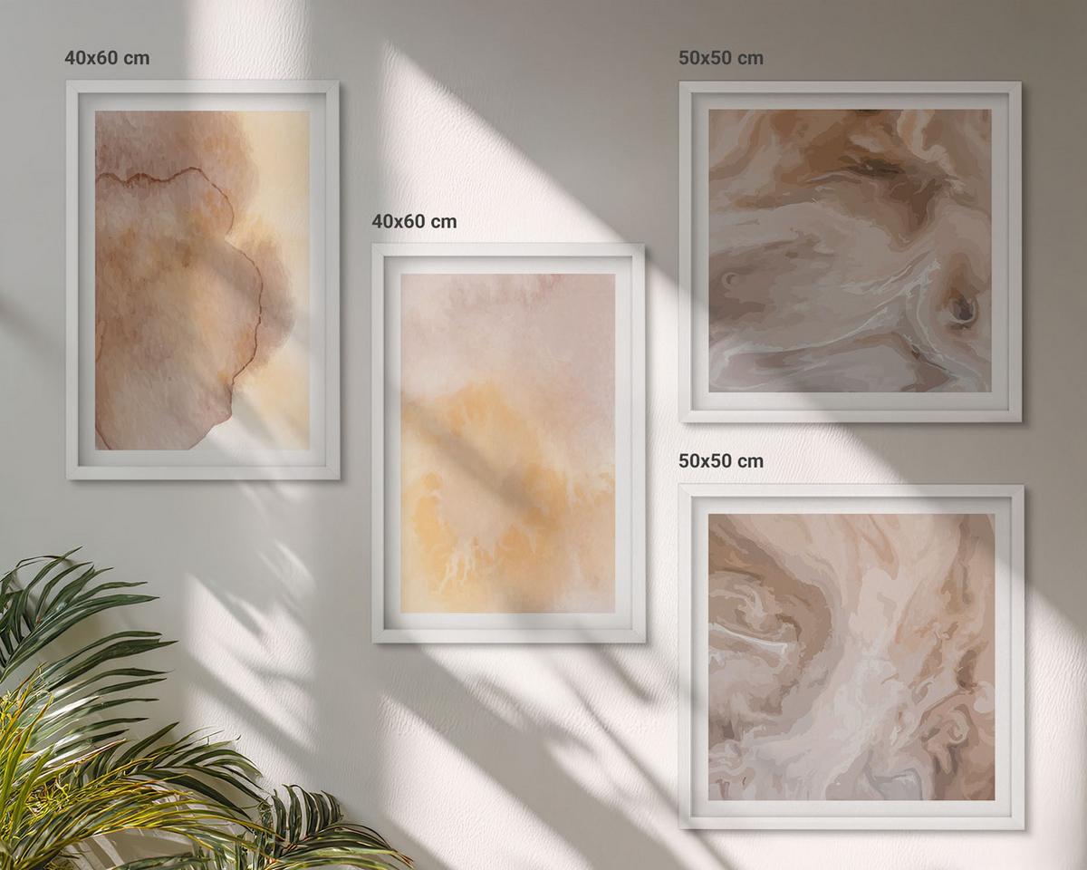 BILDER SET 4er Set - 50x50 cm & 40x60 cm Weißer Rahmen - Warme Aquarellfarben auf Leinwand - Weiß, Kunststoff (50/50cm) - TULUP