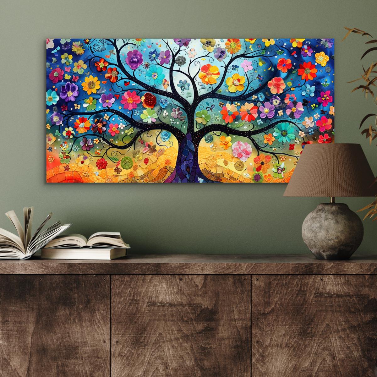 METALLBILD Kunst - Baum des Lebens - Blumen - Hippie 80x40 cm - Dunkelblau, Metall (80/40cm) - MuchoWow