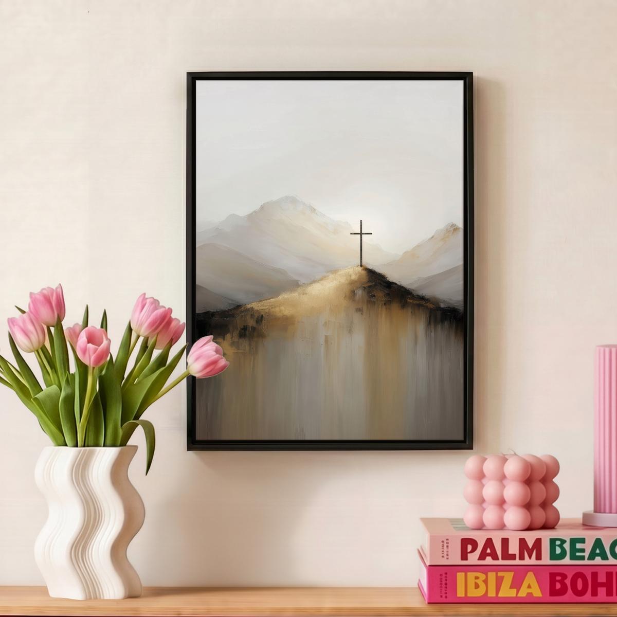 LEINWAND Bilder mit Rahmen - Hügel - Abstrakt - Kreuz - Christentum - 30x40 - Beige, Textil (30/40cm) - MuchoWow