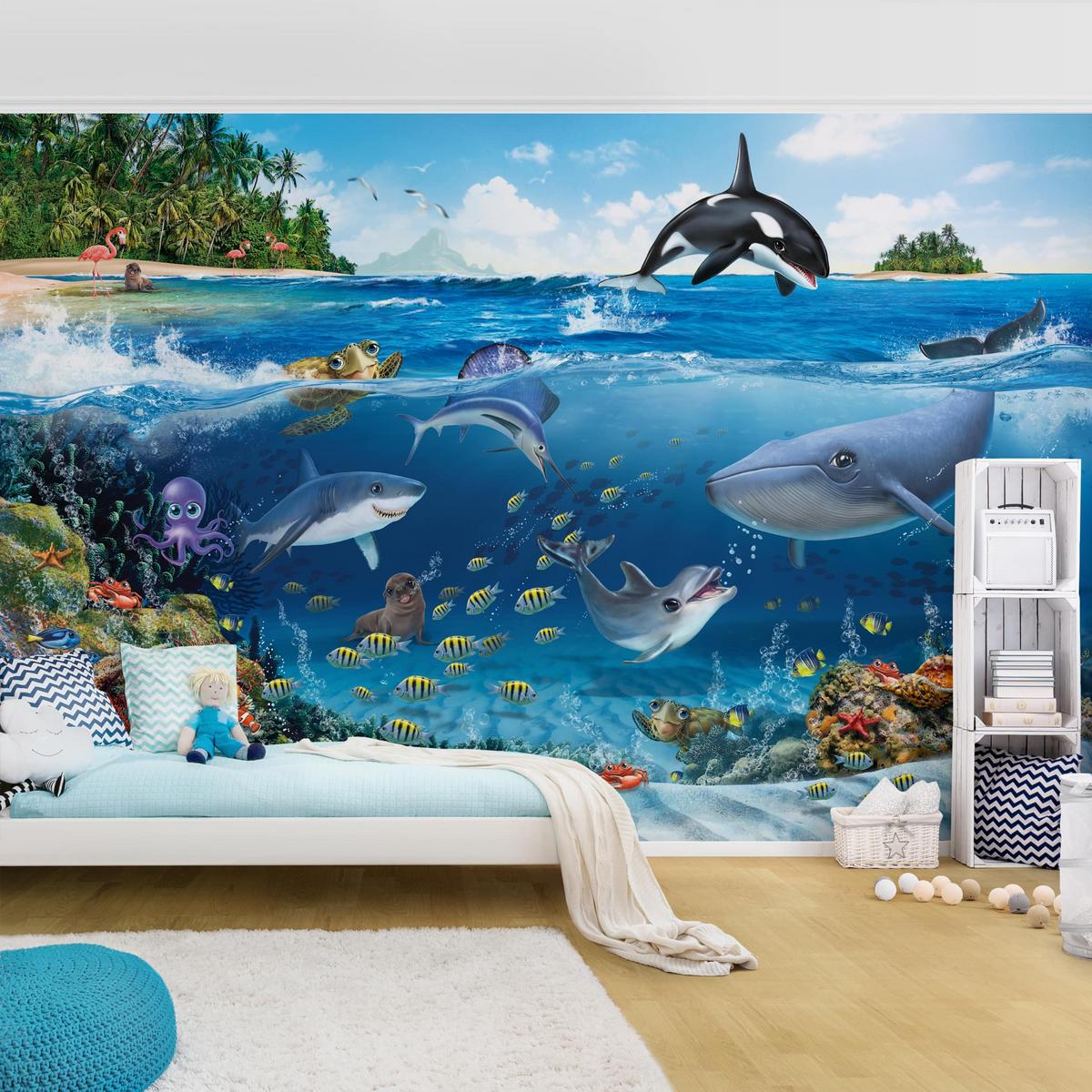 FOTOTAPETE Unterwasserwelt mit Tieren 288/190 cm - Blau, Papier (288/190cm) - Bilderwelten