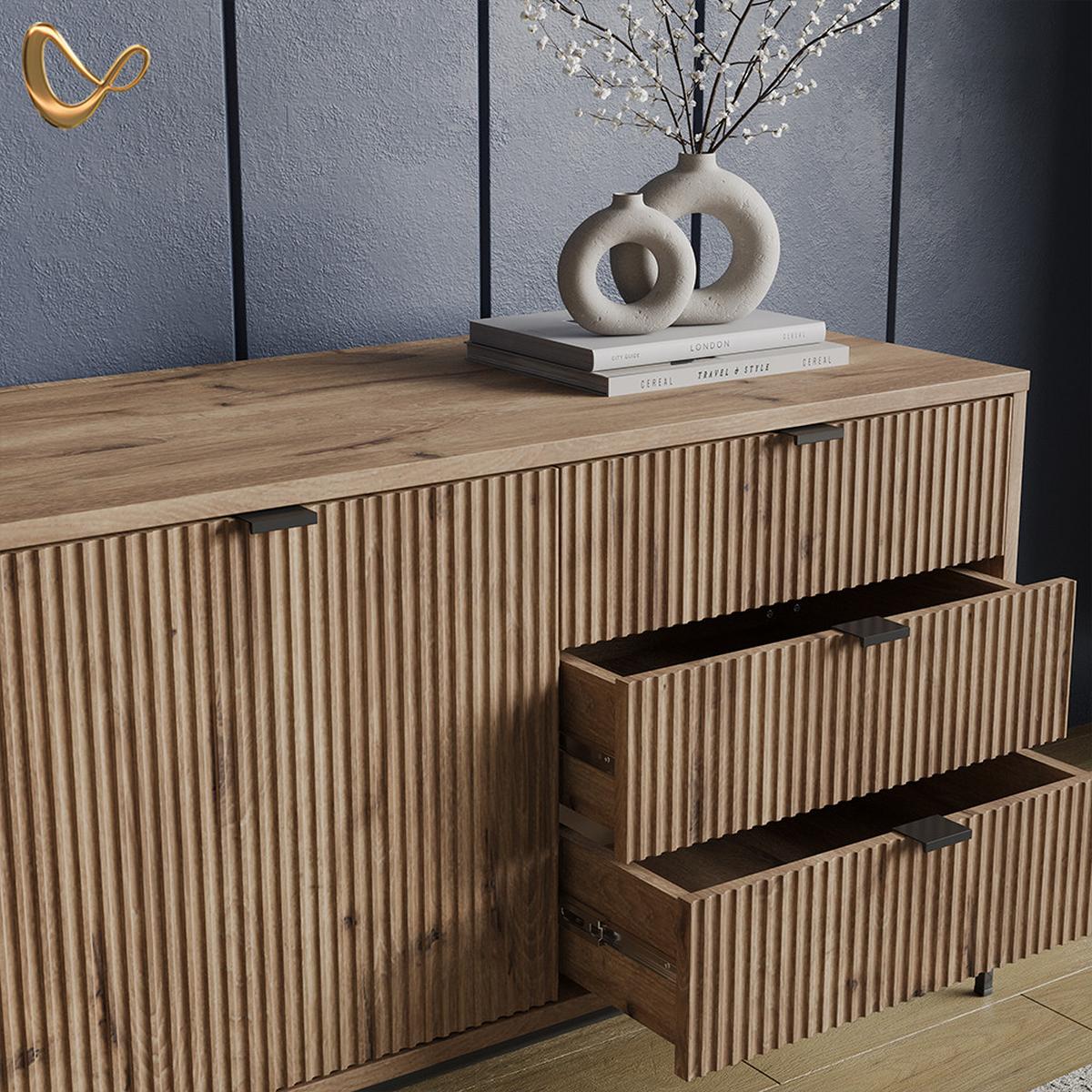 LOWBOARD Aterno Viking Oak 150 x 60 cm mit 3 Schubladen, 2 Türen - Eichefarben, Holzwerkstoff (150/60/42cm) - Livinity®