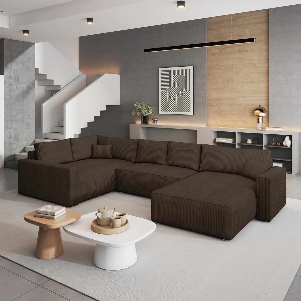 WOHNLANDSCHAFT VELAMI L-S Braun Kordstoff mit Schlaffunktion - Braun, Holz (365/83/194cm) - MASSENO