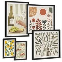 BILDER SET 5er Set - 50x50 cm & 20x30 cm & 40x60 cm Schwarzer Rahmen - Blumenmuster in Orange und Grün - Schwarz, Kunststoff (40/60cm) - TULUP