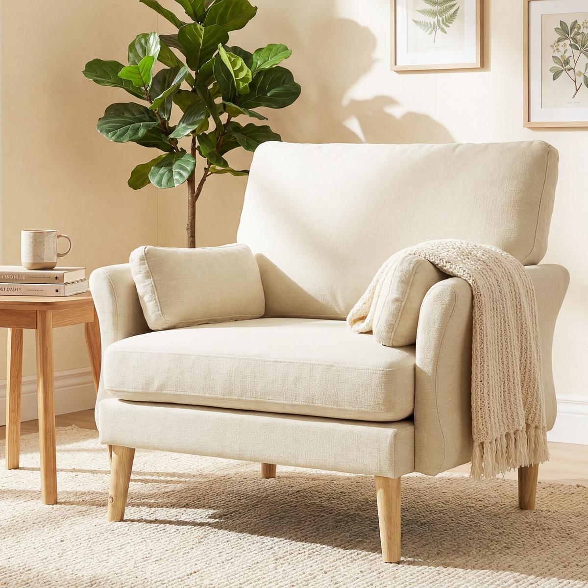 SESSEL Polyester Kautschukholz Cremeweiß - Creme/Naturfarben, Holz/Textil (80/88/103cm) - HOMCOM