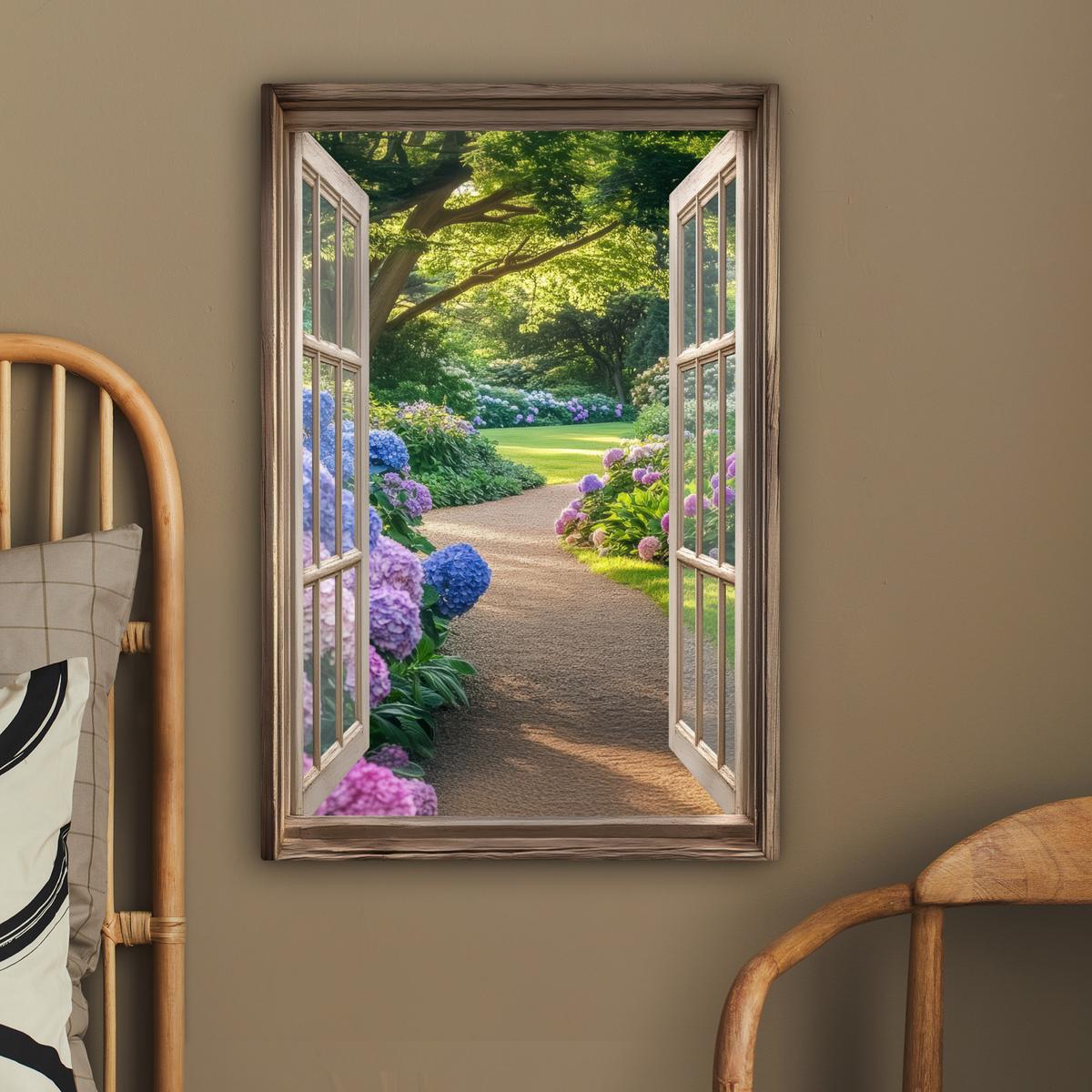 LEINWANDBILD Aussicht - Garten - Fenster - Hortensie - Blumen Wanddeko 40x60 cm - Pastellblau, Textil (40/60cm) - MuchoWow