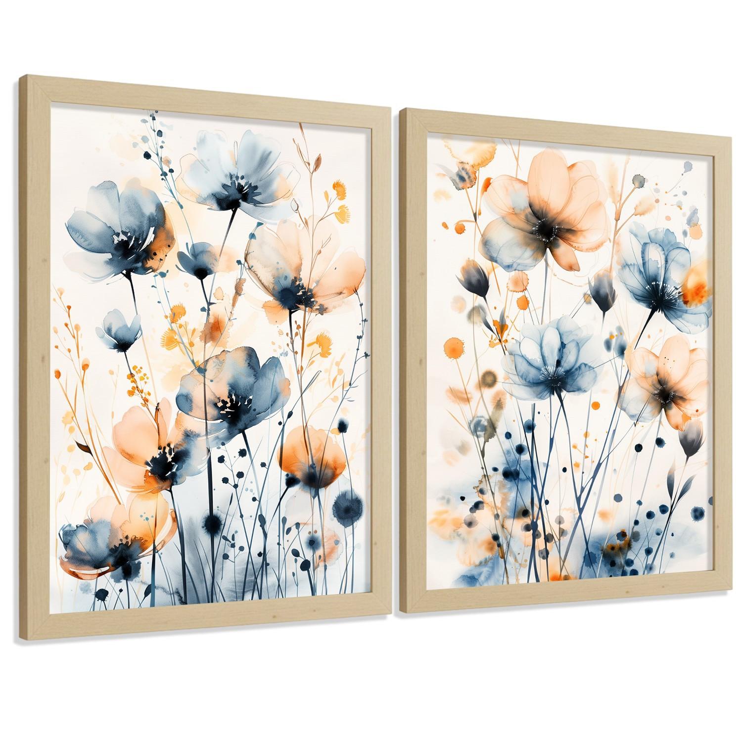 POSTER 2er -Set Wandbilder Blumen Blau Orange Boho modern Wohnzimmer Deko, Schlafzimmer, Küche, Badezimmer Rahmenlos A3 - Klar, Papier (29.7/1/42cm) - Nacnic