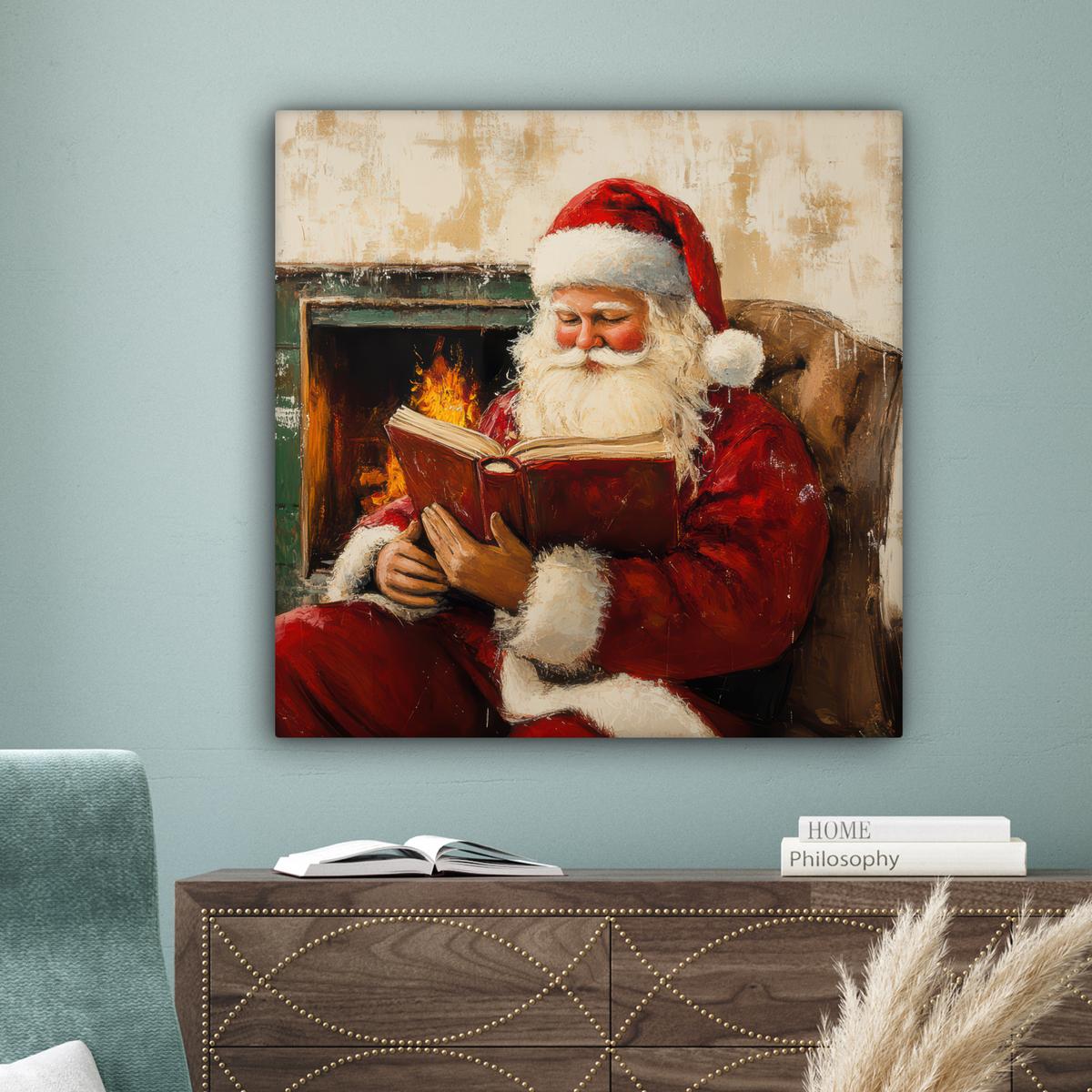LEINWANDBILD Weihnachten - Weihnachtsmann - Winter - Open Fireside Deko Groß 90x90 cm - Dunkelrot, Textil (90/90cm) - MuchoWow