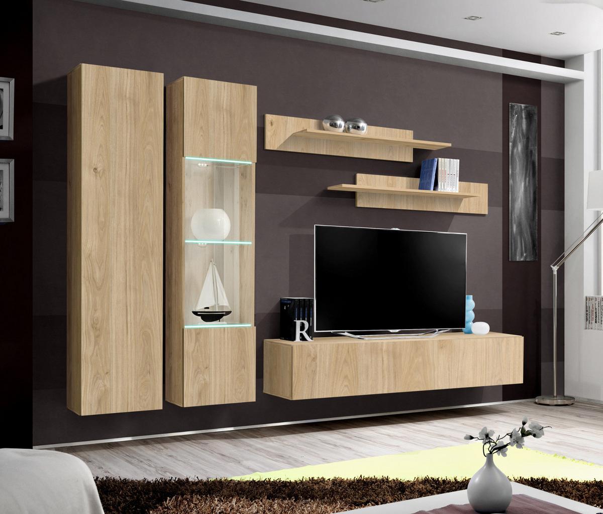 WOHNWAND Eiche Jackson 260 cm 5-teilig hängend, Anbauwand mit LED-Beleuchtung - Eichefarben, Glas/Holzwerkstoff (260/170/40cm) - Inn.Furn