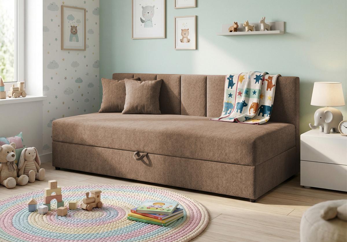 TAGESBETT Lenny mit Rückenlehne und großem Bettkasten aus Braun Chenille-Stoff - Schwarz/Braun, Holz/Kunststoff (90/200cm) - S-Style Möbel