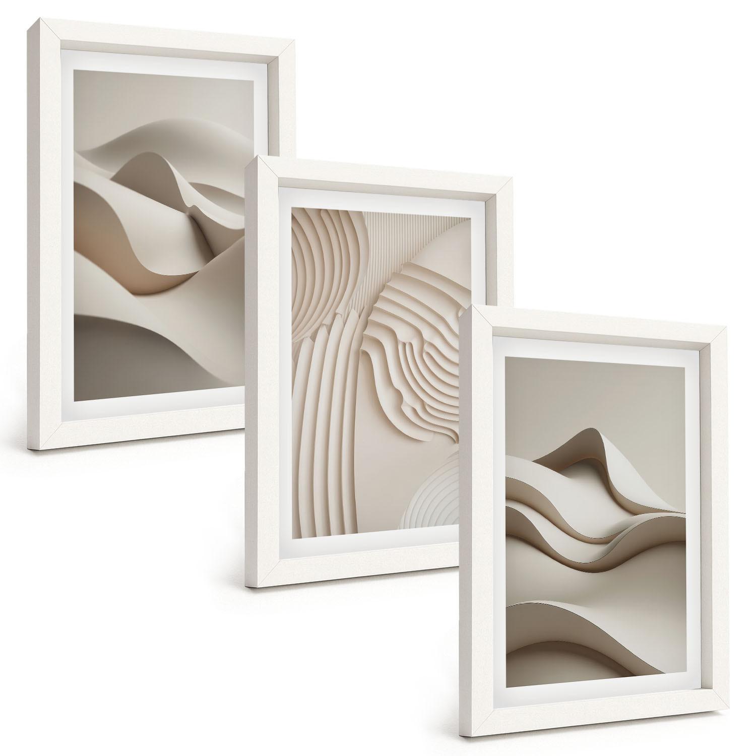 BILDER SET 3er Set - 20x30 cm Weißer Rahmen - Abstrakte beige Wellen - Weiß, Kunststoff (20/30cm) - TULUP
