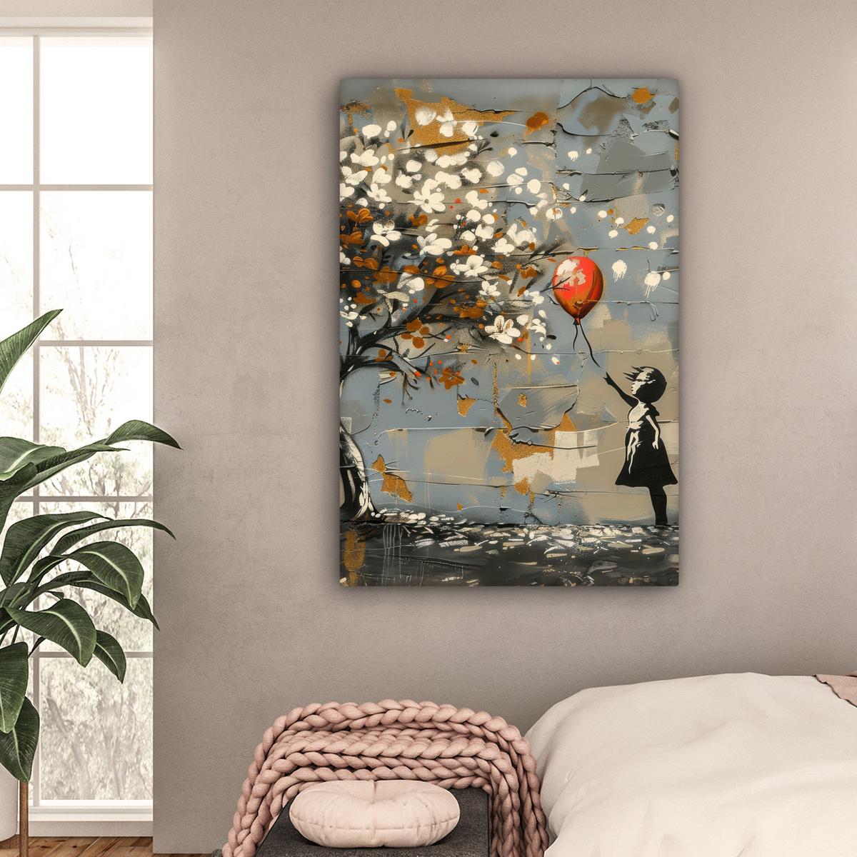 LEINWANDBILD Baum - Graffiti - Banksy-Stil - Ballon-Mädchen Deko XXL 80x120 cm - Blaugrau, Textil (80/120cm) - MuchoWow