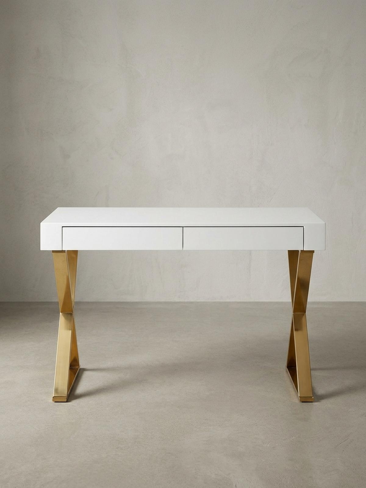 SCHREIBTISCH – Weiß Hochglanz, goldene Beine, 2 Schubladen, modern - Goldfarben/Weiß, Holz/Metall (57/118/76cm) - KADIMA DESIGN
