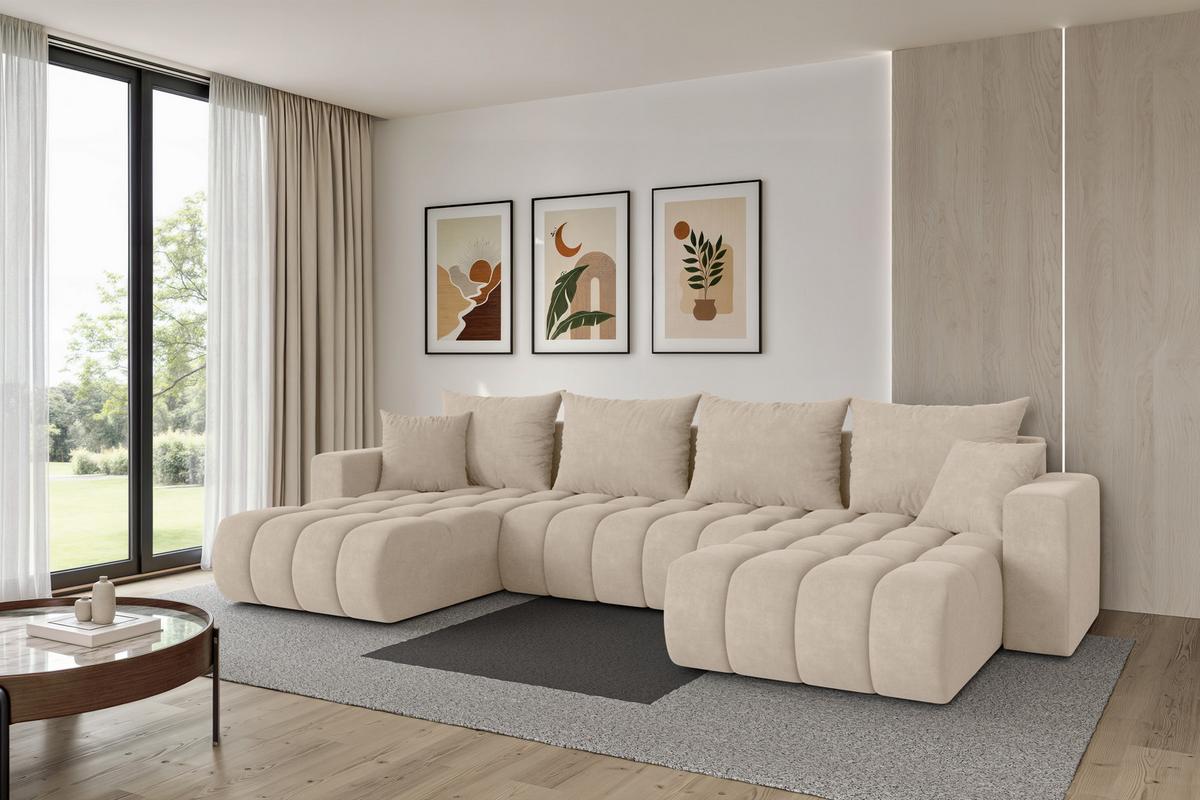 WOHNLANDSCHAFT mit Schlaffunktion und Bettkasten MILA-U-v1 378x194x86 Beige Velours - Schwarz/Sahara, Holzwerkstoff/Kunststoff (378/86/194cm) - ALTDECOR