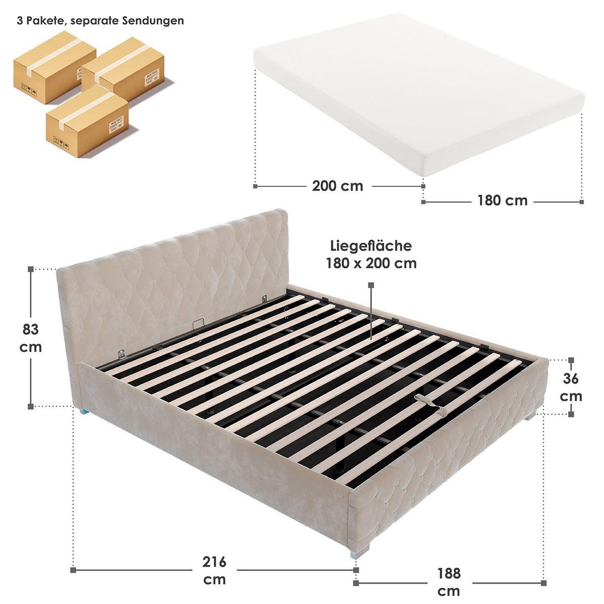 POLSTERBETT Nizza beige 180x200 cm mit Matratze - Beige, Holzwerkstoff (180/200cm) - Juskys