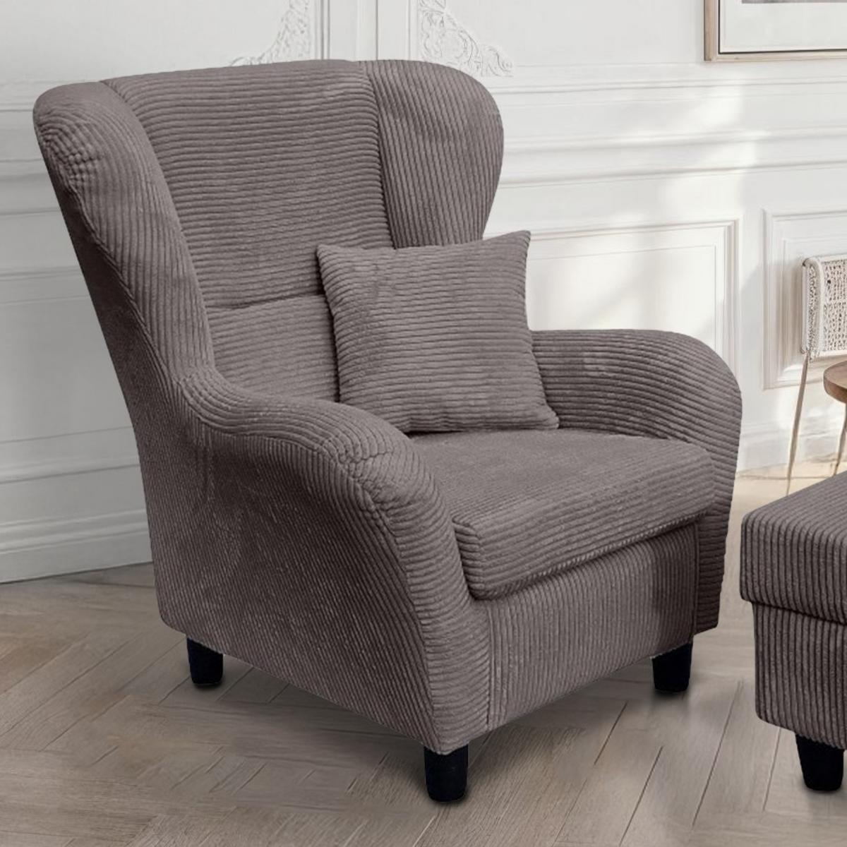 OHRENSESSEL mit HOCKER, hoher Sitzkomfort durch Wellenunterfederung B90/H98/T76 cm, Cord Grau / 18019 - Schwarz/Grau, Holz/Textil (90/98/76cm) - luma-home