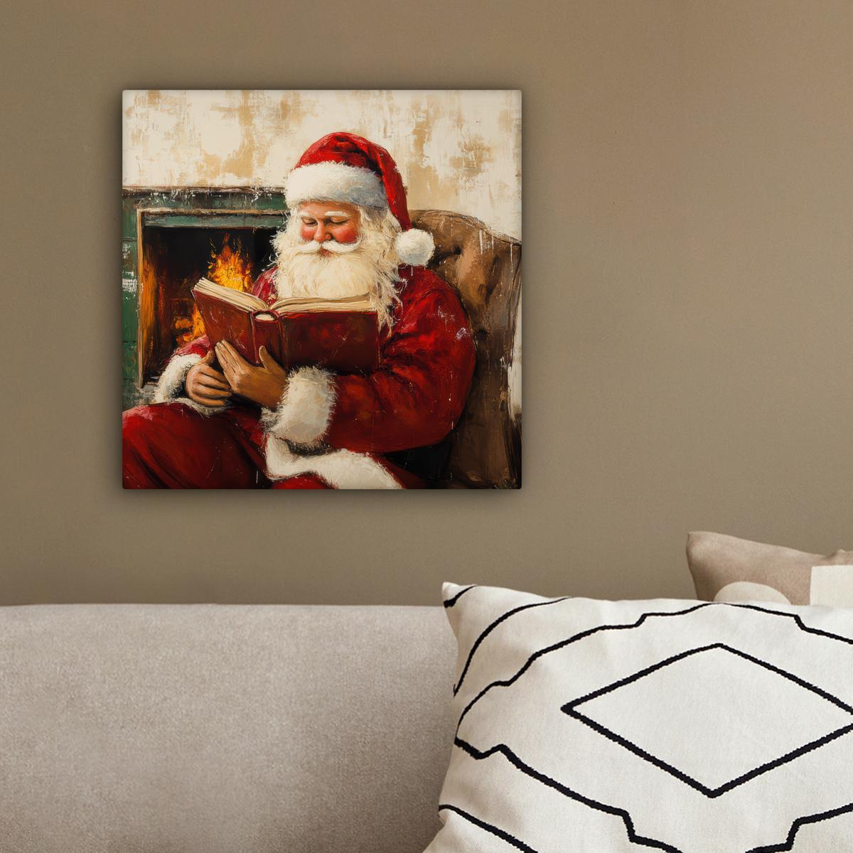 LEINWANDBILD Weihnachten - Weihnachtsmann - Winter - Open Fireside Deko Wohnzimmer 20x20 cm - Dunkelrot, Textil (20/20cm) - MuchoWow