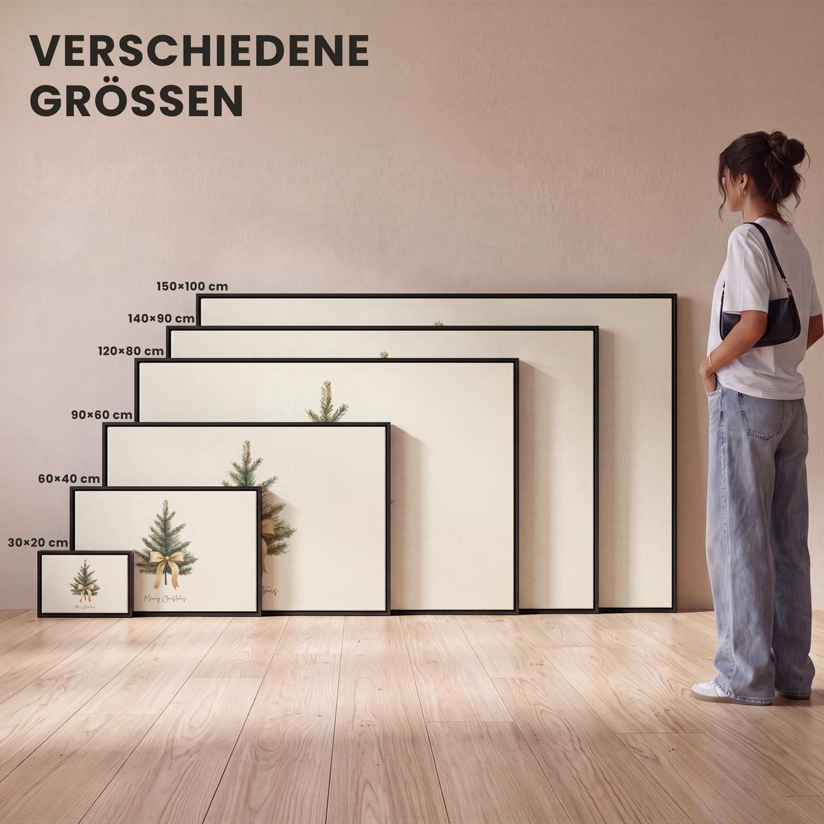 LEINWAND Bilder mit Rahmen - Weihnachtsbaum - Weihnachten - Frohe Weihnachten - Beige - 140x90 - Sandfarben, Textil (140/90cm) - MuchoWow