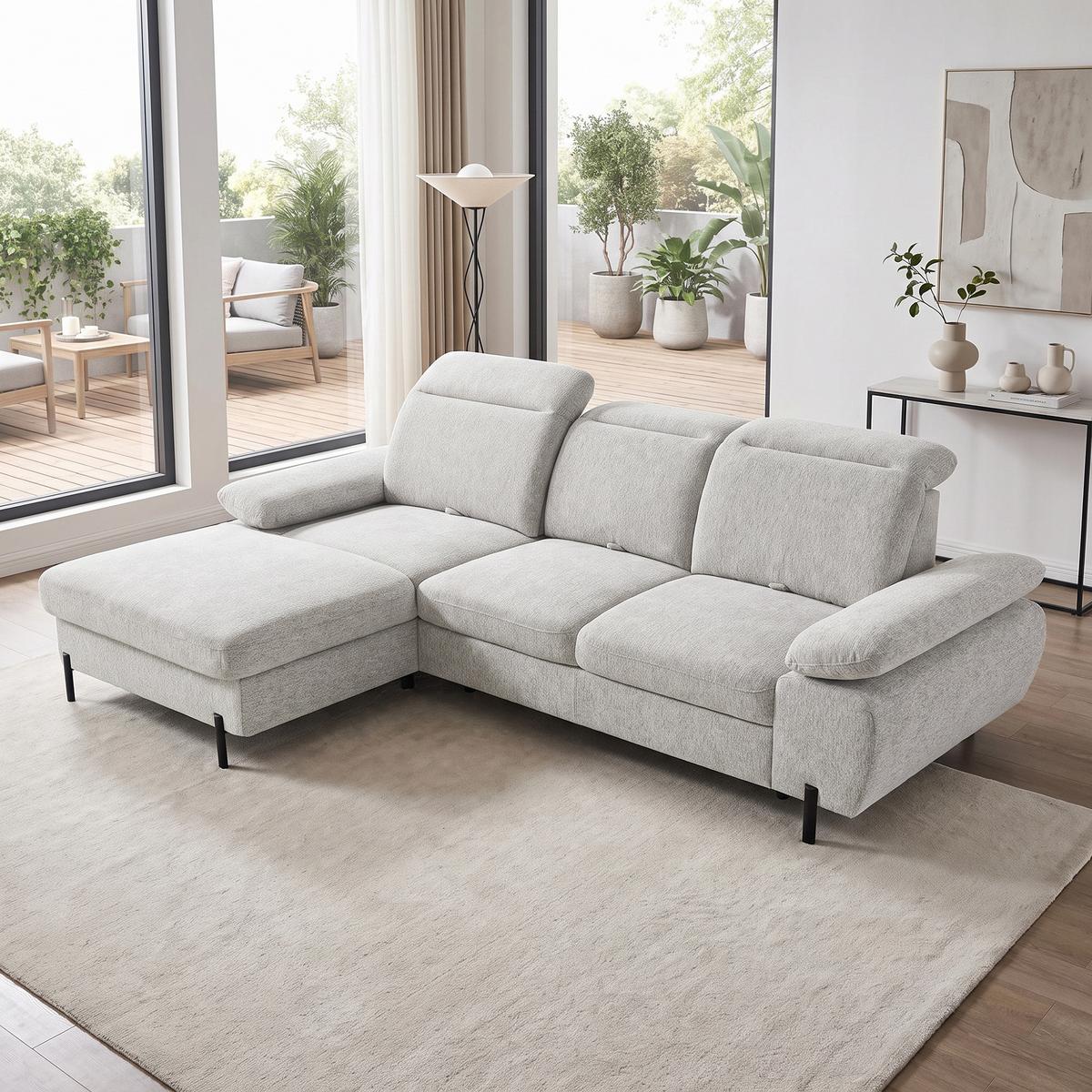 ECKSCHLAFSOFA Sora Mini mit verstellbaren Kopfstützen und Schlaffunktion, Chenille-Stoff, Beige, Links - Beige/Schwarz, Textil (285/190cm) - Beautysofa