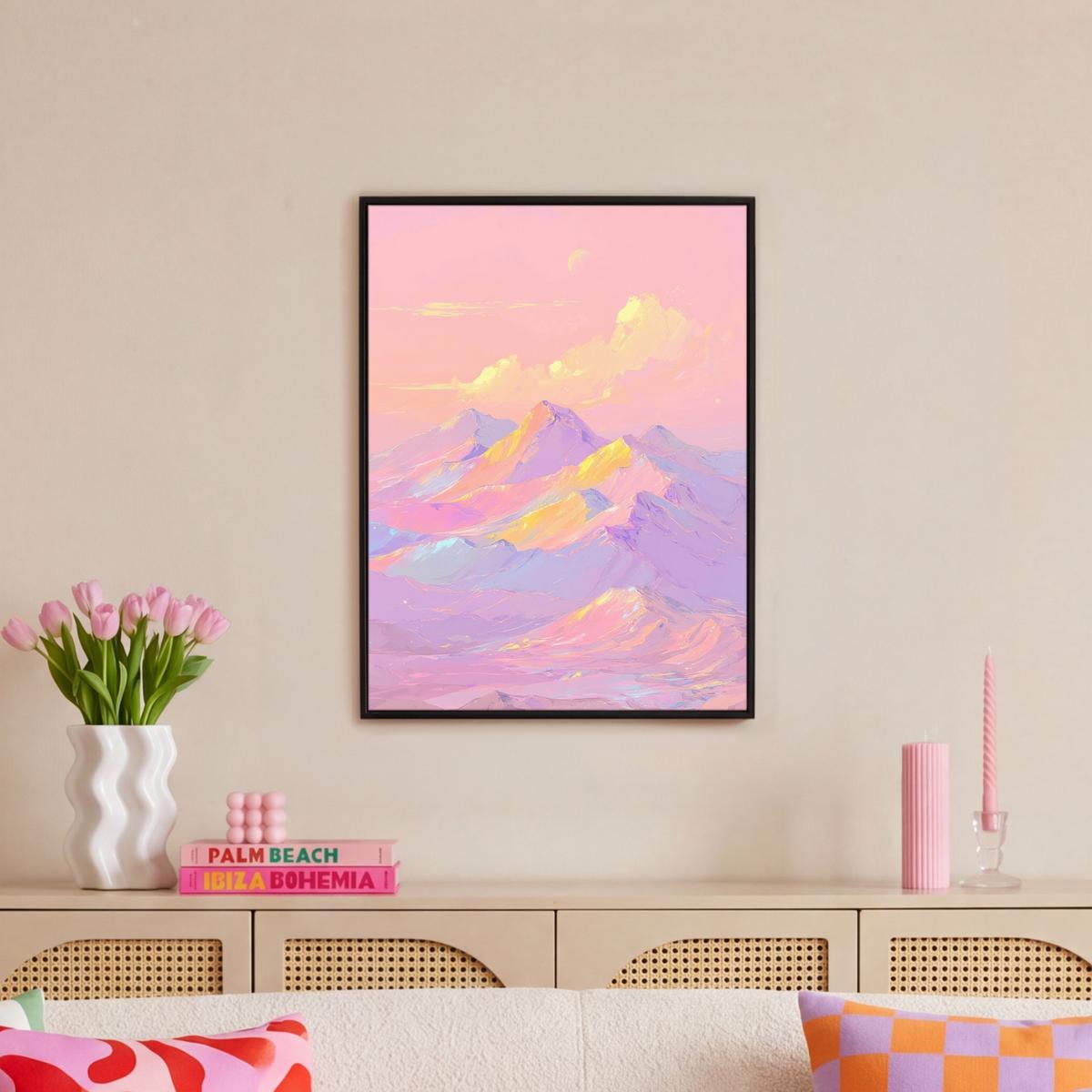 LEINWAND Bilder mit Rahmen - Berggipfel - Wolken - Verträumt - 50x70 - Hellrosa, Textil (50/70cm) - MuchoWow