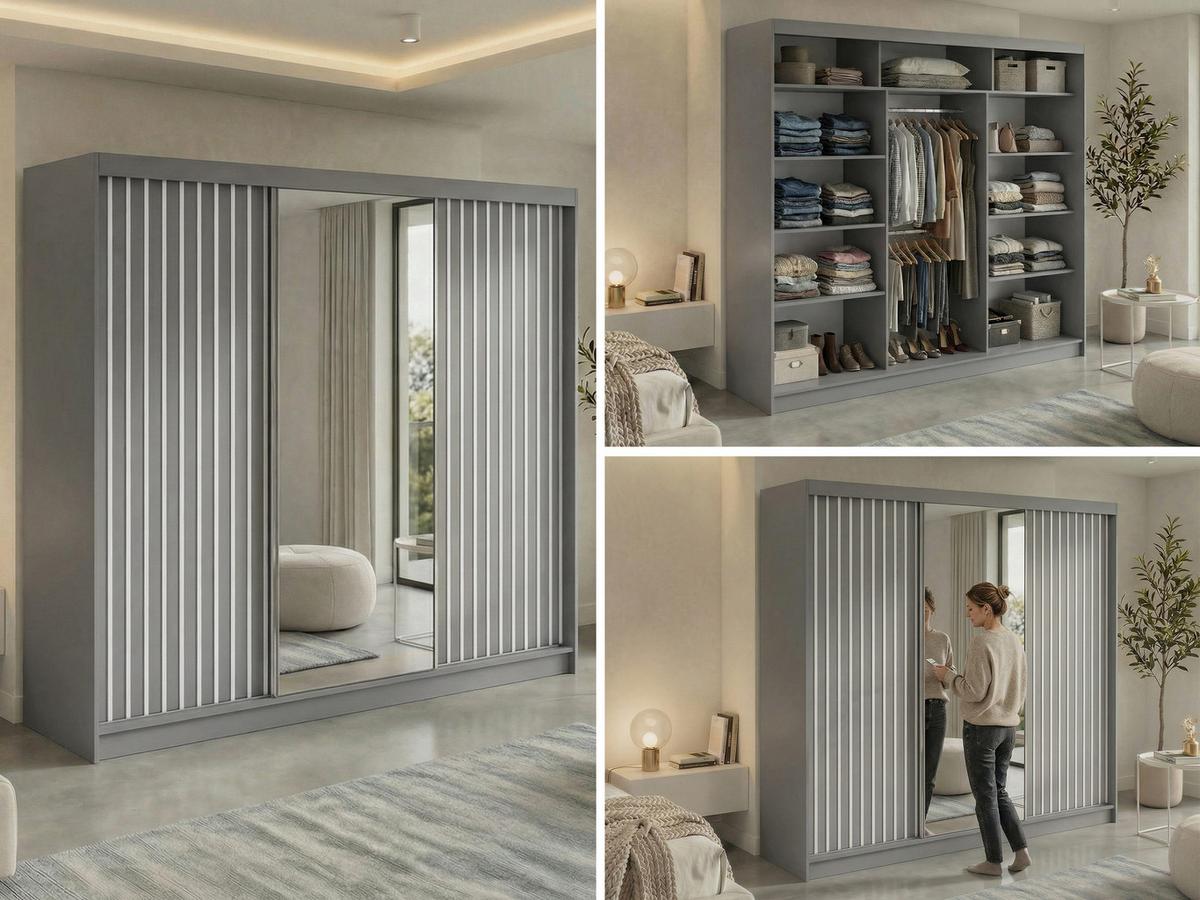 SCHWEBETÜRENSCHRANK mit Spiegel LAOS - 240 - Grau - Weiß Lamellen - Alufarben/Weiß, Holzwerkstoff/Metall (240/216/61cm) - MKS