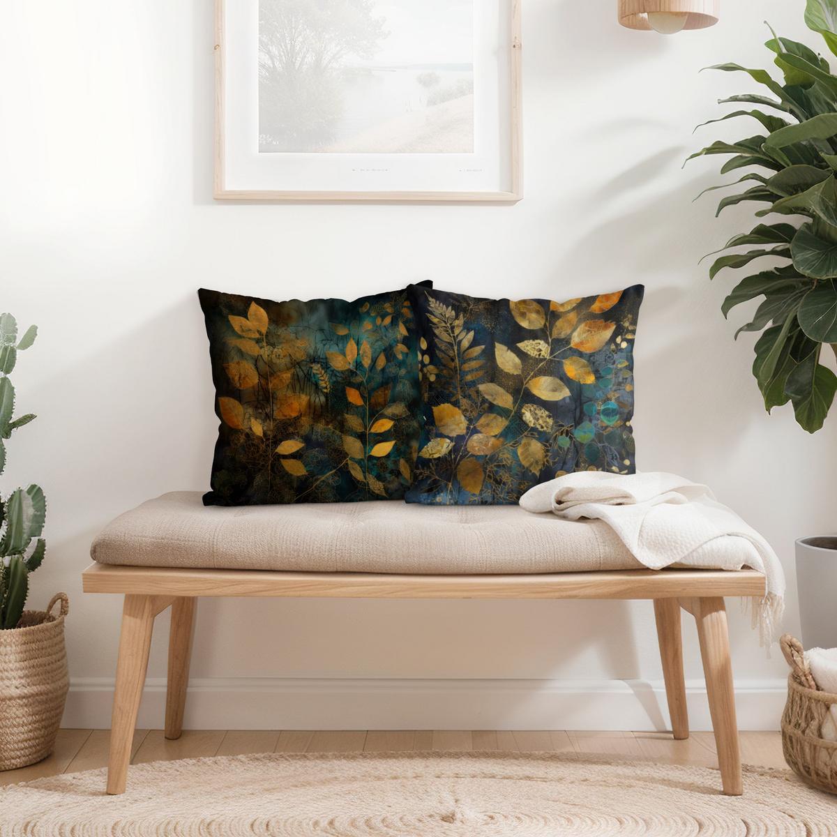 DEKOKISSEN 2er-Set Goldene Blätter auf Blau Duo 50/50 cm - Goldfarben, Textil (50/50cm) - Bilderwelten