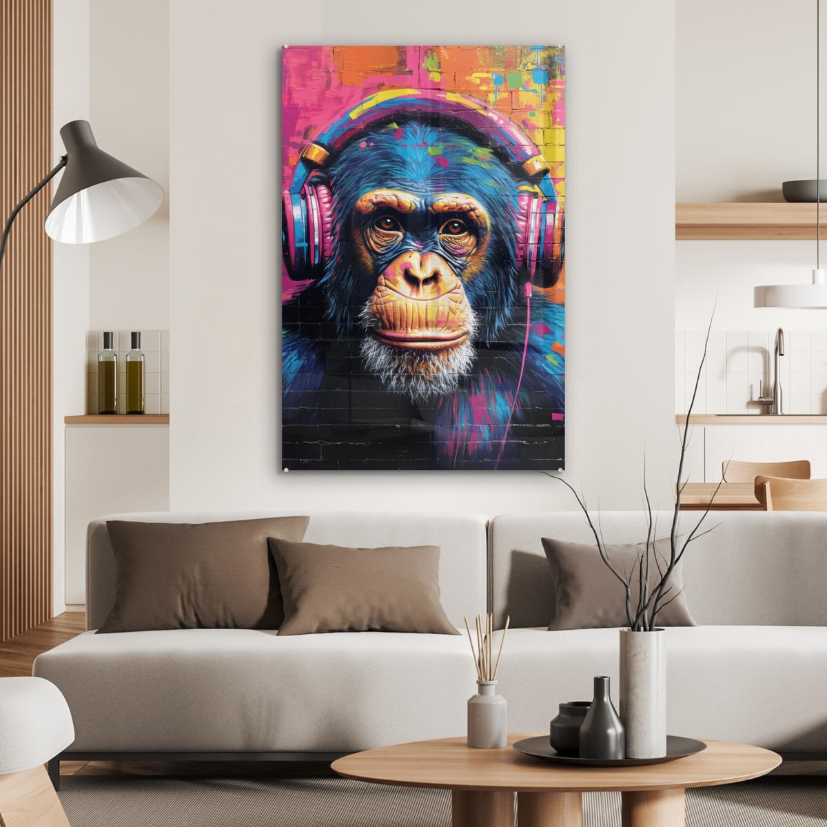 ACRYLGLASBILD Graffiti - Schimpanse - Straßenkunst - Kopfhörer - Affe 80x120 cm - Blau, Glas (80/120cm) - MuchoWow