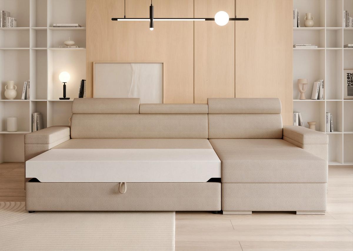 ECKSOFA AISHA Rechts mit Schlaffunktion und Bettkasten Beige - Chromfarben/Beige, Kunststoff/Textil (250/130cm) - Idohome