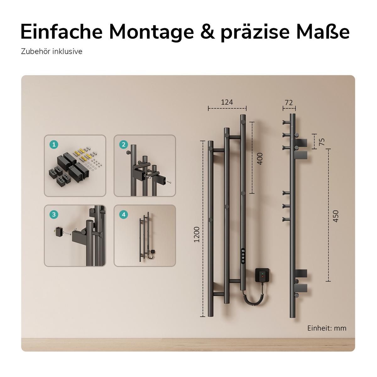 HEIZKÖRPER elektrisch vertikal 115 x 21,6 cm mit Smart-Steuerung Anthrazit - Anthrazit, Metall (21.6/115/9.4cm) - EMKE