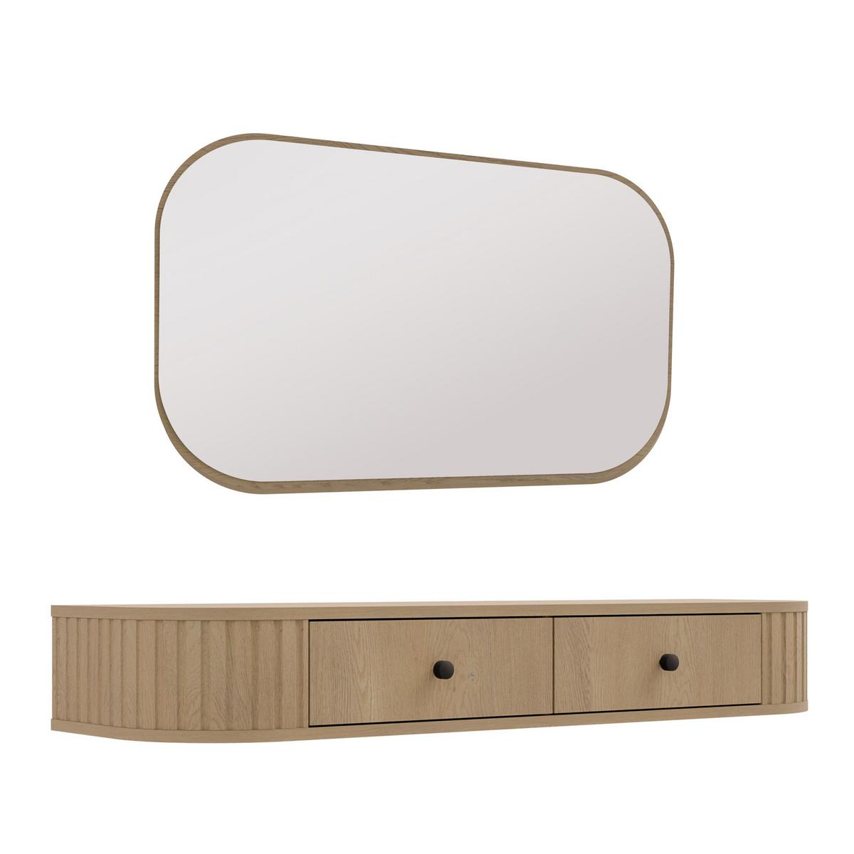 KONSOLENTISCH Halay Eiche Cremona 2 Schubladen mit runden Kanten + Rechteckiger Spiegel - Eichefarben/Schwarz, Holzwerkstoff/Metall (36/123/17.5cm) - AX Living
