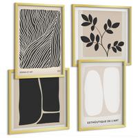 BILDER SET 4er Set - 50x50 cm & 40x60 cm Goldrahmen - Minimalistische Pflanzenmuster - Goldfarben, Kunststoff (50/50cm) - TULUP