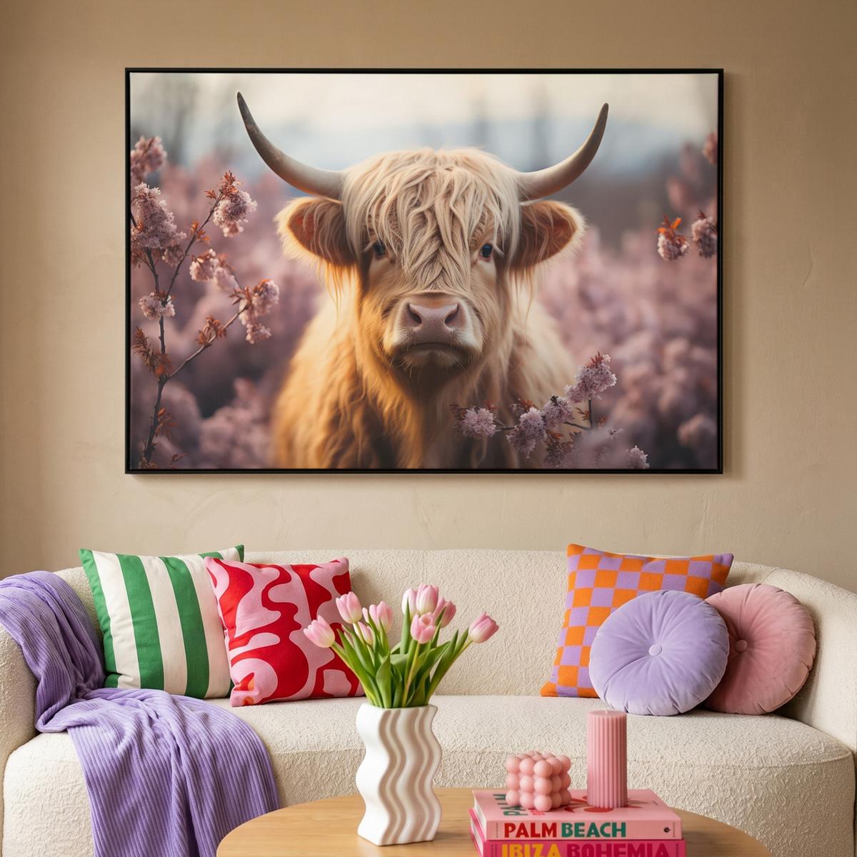 LEINWAND Bilder mit Rahmen - Schottischer Hochländer - Frühling - Hochland - 120x80 - Hellrosa, Textil (120/80cm) - MuchoWow