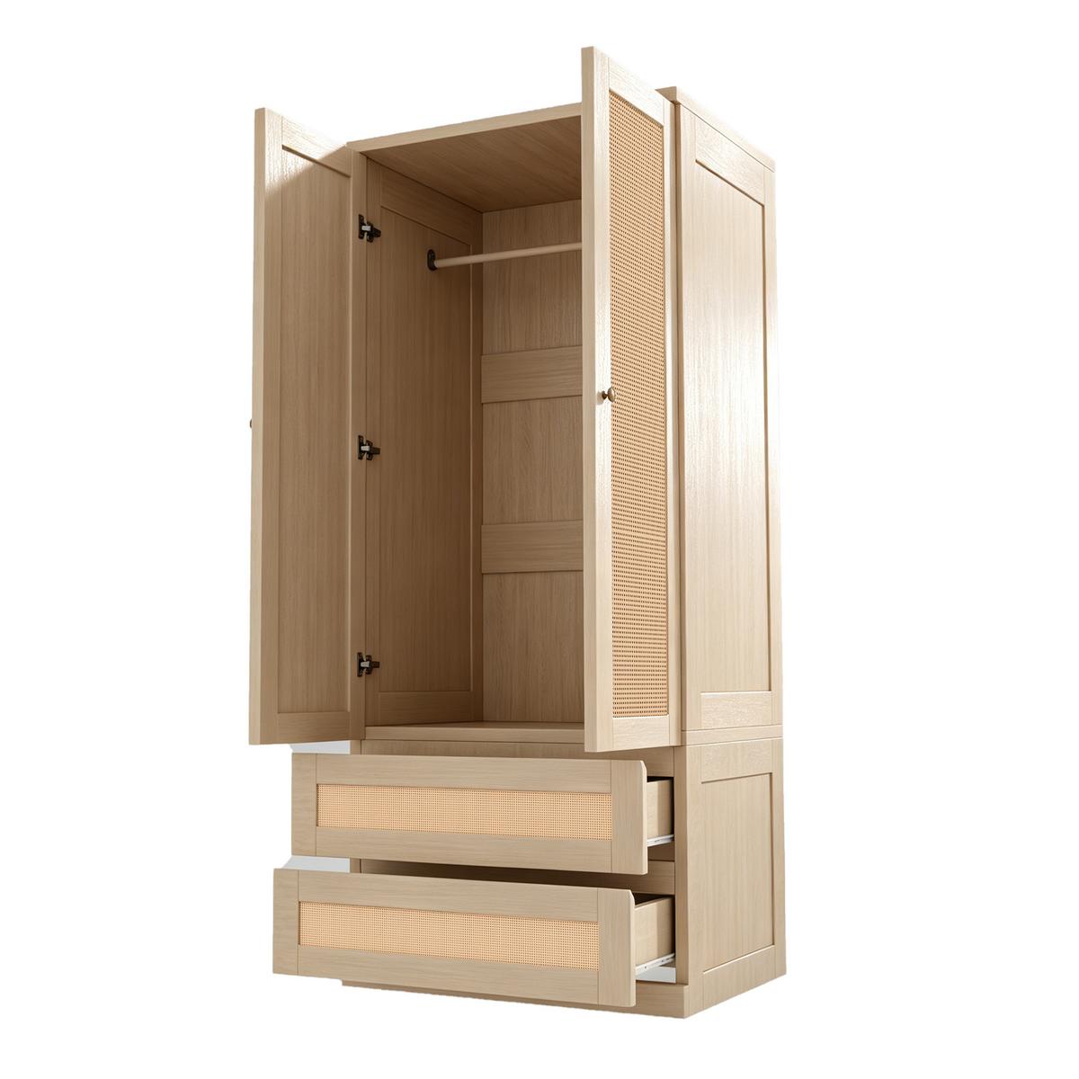 KLEIDERSCHRANK Holzfarbe Kunstrattan Doppeltüren mit 2 Schubladen - Naturfarben, Holzwerkstoff (70/170/55cm) - Urban Meuble
