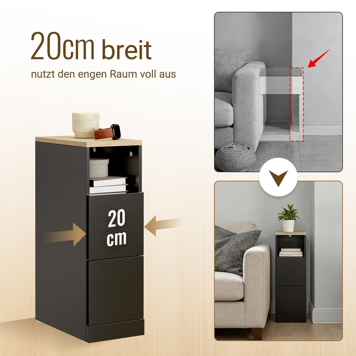 NACHTTISCH schmal mit 2 Schubladen, 20x35x60cm Schwarz - Ahornfarben, Fell (35/60/20cm) - SoBuy