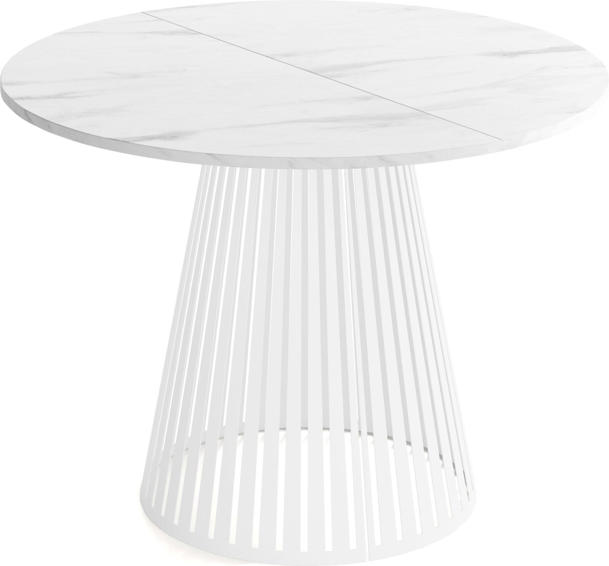 ESSTISCH Naro rund ausziehbar mit Weißem Lamellen-Metallgestell, Marmor Weiß 100-180/100/76 cm - Ecru/Weiß, Holzwerkstoff/Metall (100/176/76cm) - WFL GROUP