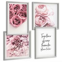 BILDER SET 4er Set - 50x50 cm & 40x60 cm Silberner Rahmen - Blumensträuße mit Rosen, Hausinschrift - Silberfarben, Kunststoff (50/50cm) - TULUP