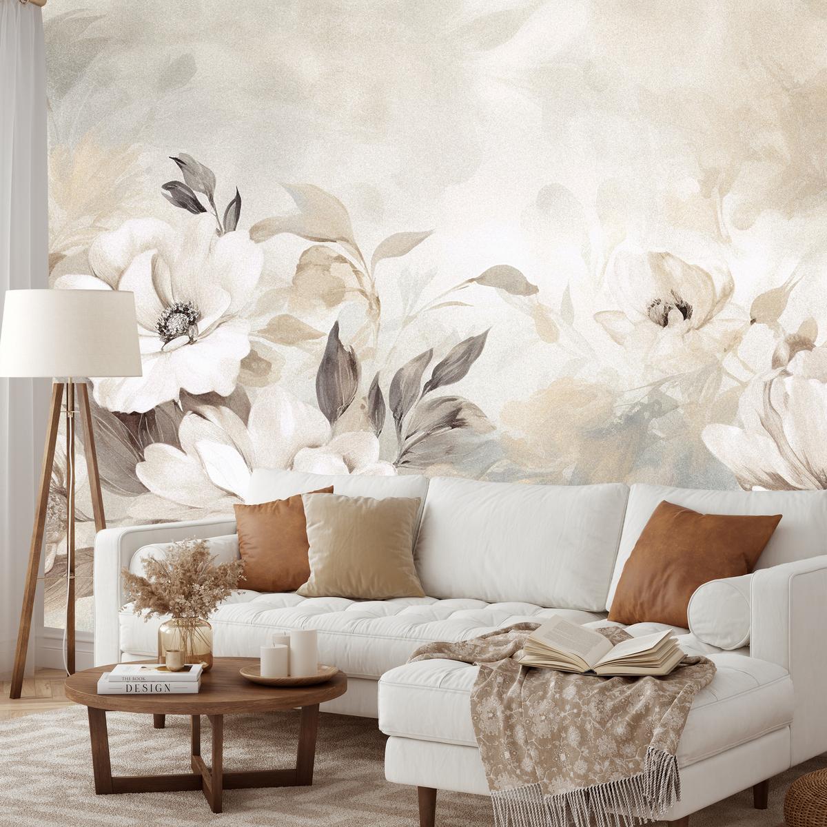 FOTOTAPETE für Schlafzimmer Abstrakte Creme Blumen Aquarell 300x210 - Beige/Braun, Papier (300/210cm) - Muralo