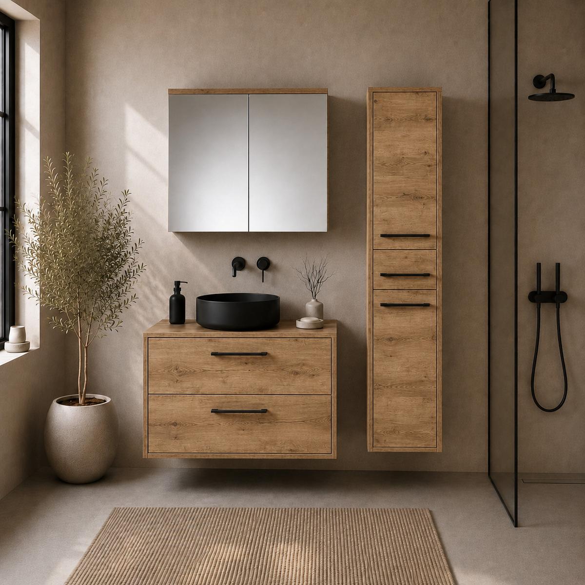 BADMÖBEL-SET Florence 3 Teile Kastanien eiche - 80 x 46 x 46 cm - Eichefarben, Holz (80/46/46cm) - Badplaats