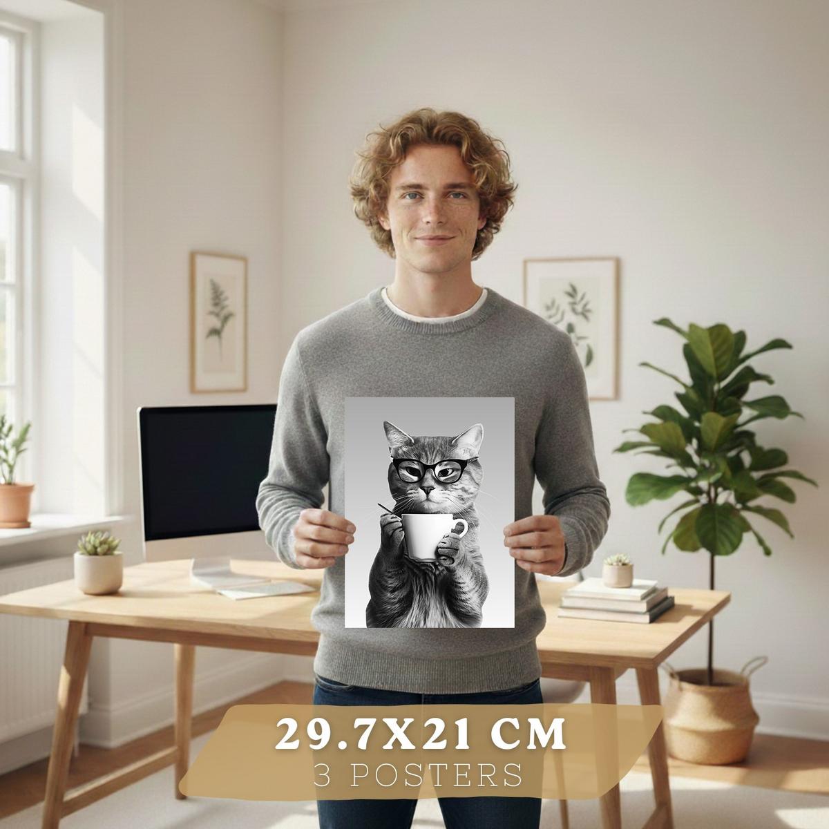POSTER 3er Set Lustige Tiere Schwarz Weiß Wandbilder Katze Dalmatiner und Panda Koch Küche Wanddeko Rahmenlos A4 - Beige, Papier (29.7/1/21cm) - Nacnic