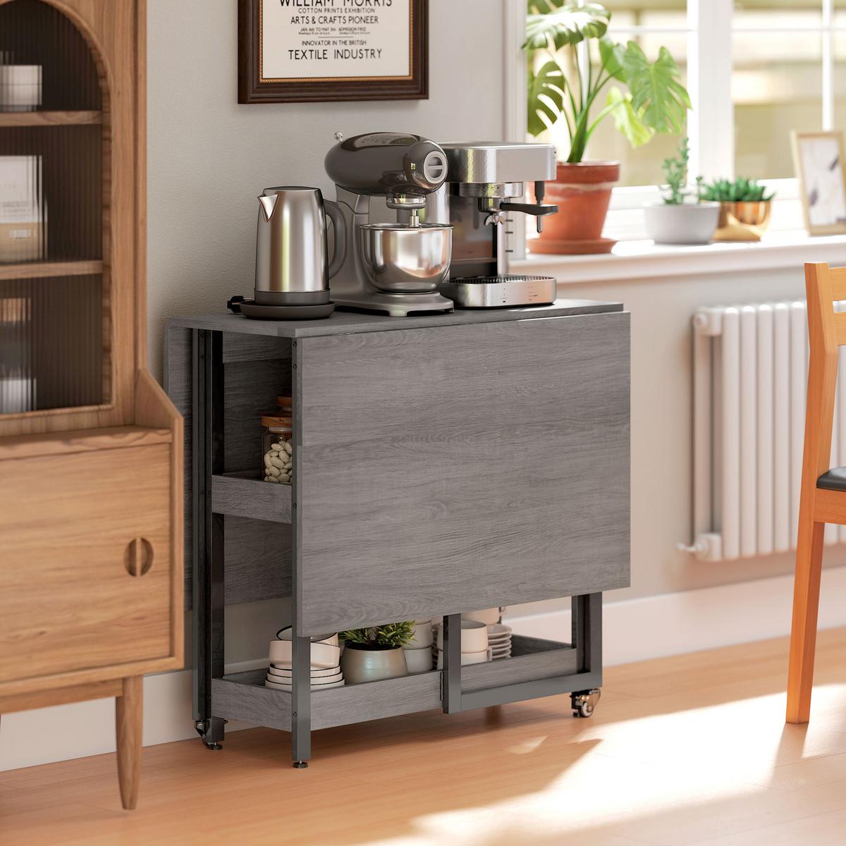 ESSTISCH Klappbar Küchentisch für 2-4 Personen mit 2 Offenen Ablagen, Rollen - Grau, Holz (133.4/80/75cm) - HOMCOM