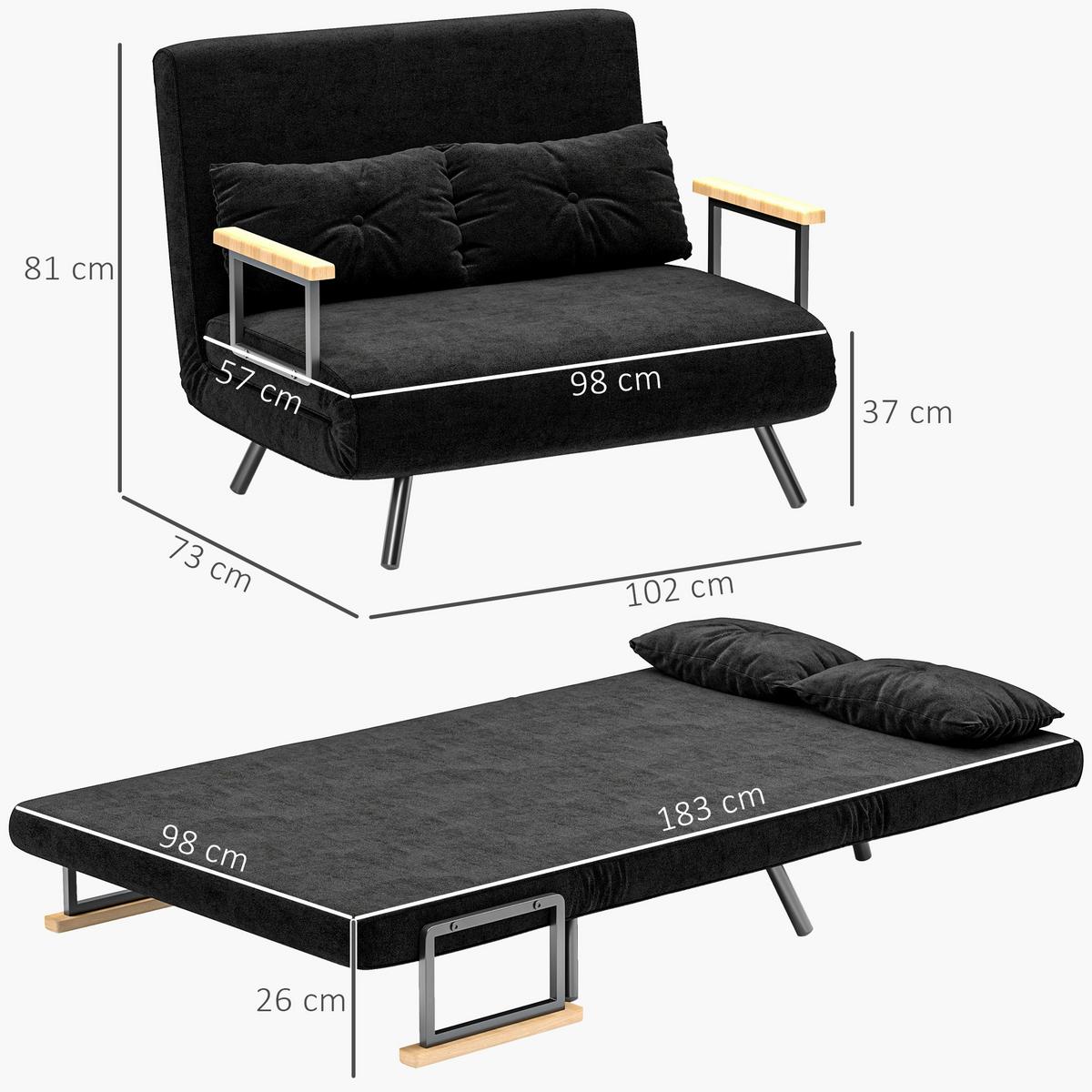 SCHLAFSOFA, Zweisitzer mit Bettfunktion, Schlafcouch mit Samtoptik, Rückenkissen - Schwarz/Naturfarben, Holz/Textil (73/81/102cm) - HOMCOM