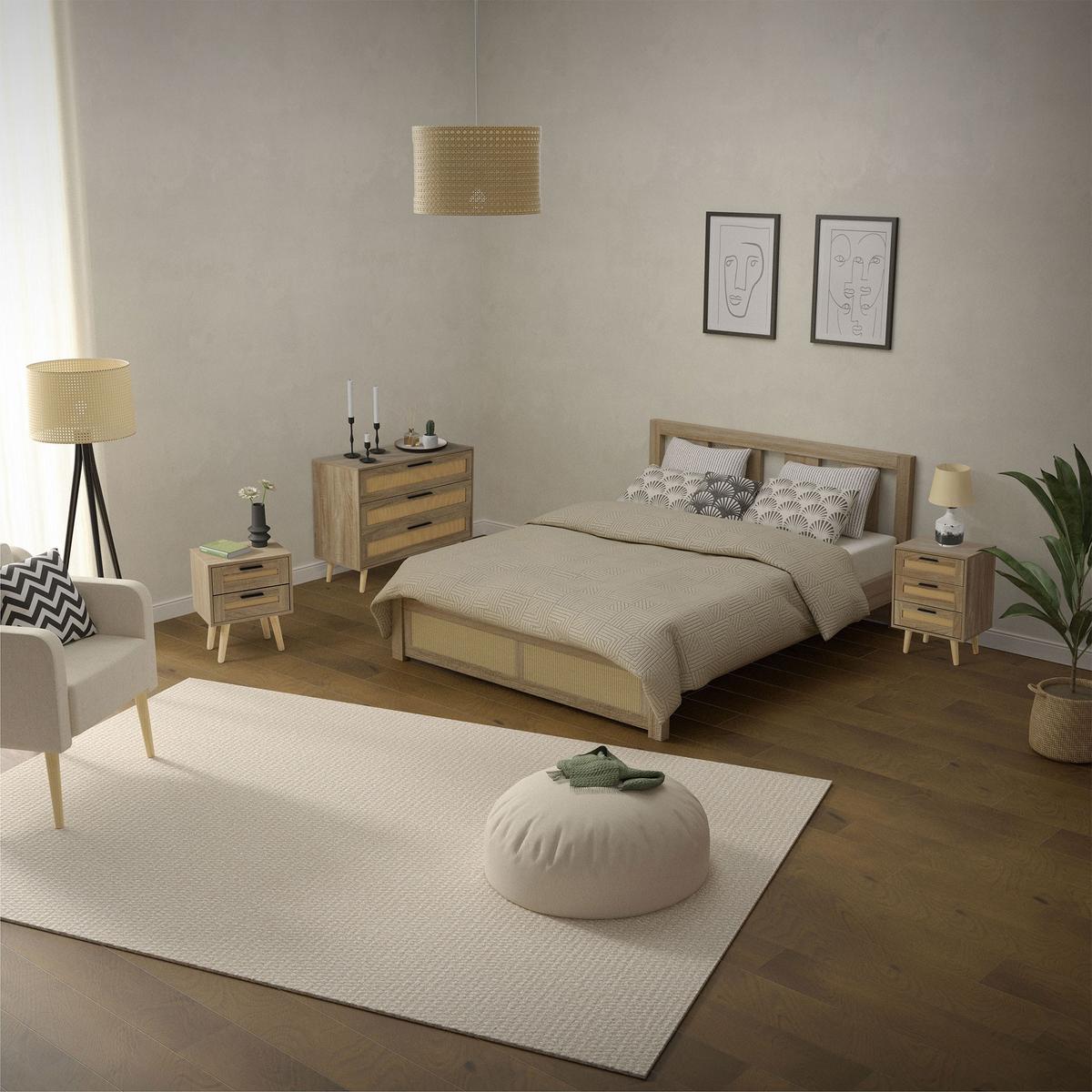 NACHTTISCH 2er Set mit 2 Schubladen 40x50,5x30 cm Eiche Optik Rattanfront - Beige, Holzwerkstoff (30/50.5/40cm) - ML-DESIGN