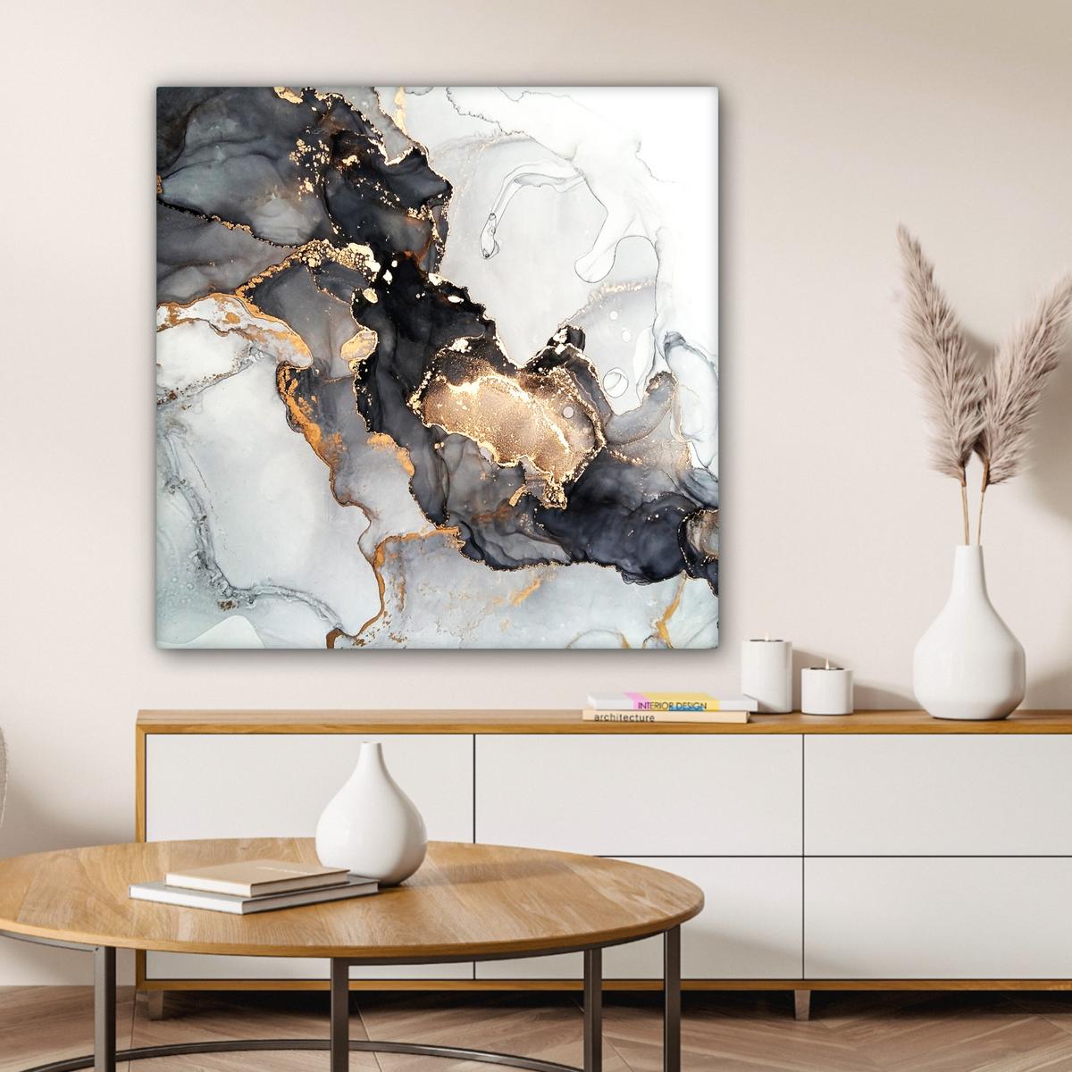 LEINWANDBILD Marmor - Schwarz - Weiß - Gold - Luxus - Abstrakt Deko Groß 90x90 cm - Goldfarben, Textil (90/90cm) - MuchoWow