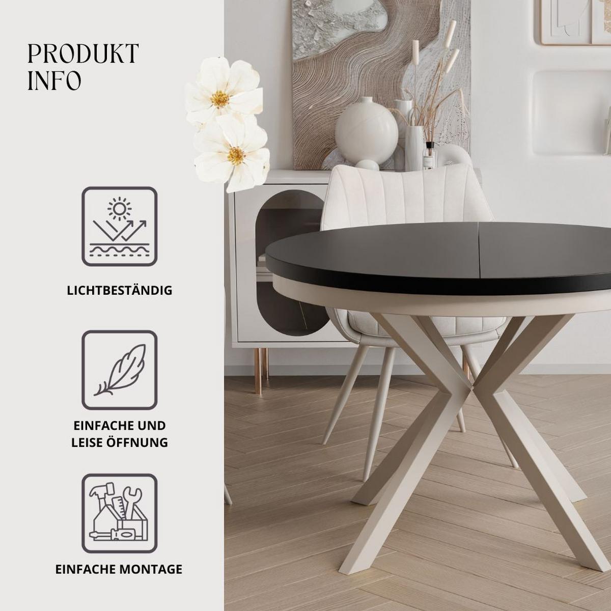 AUSZIEHTISCH MILTON 90-166/76 cm mit Metallgestell und Zarge, Kaschmir / Schwarz Molet - Kaschmir/Schwarz, Holzwerkstoff/Metall (90/90/76cm) - Idohome