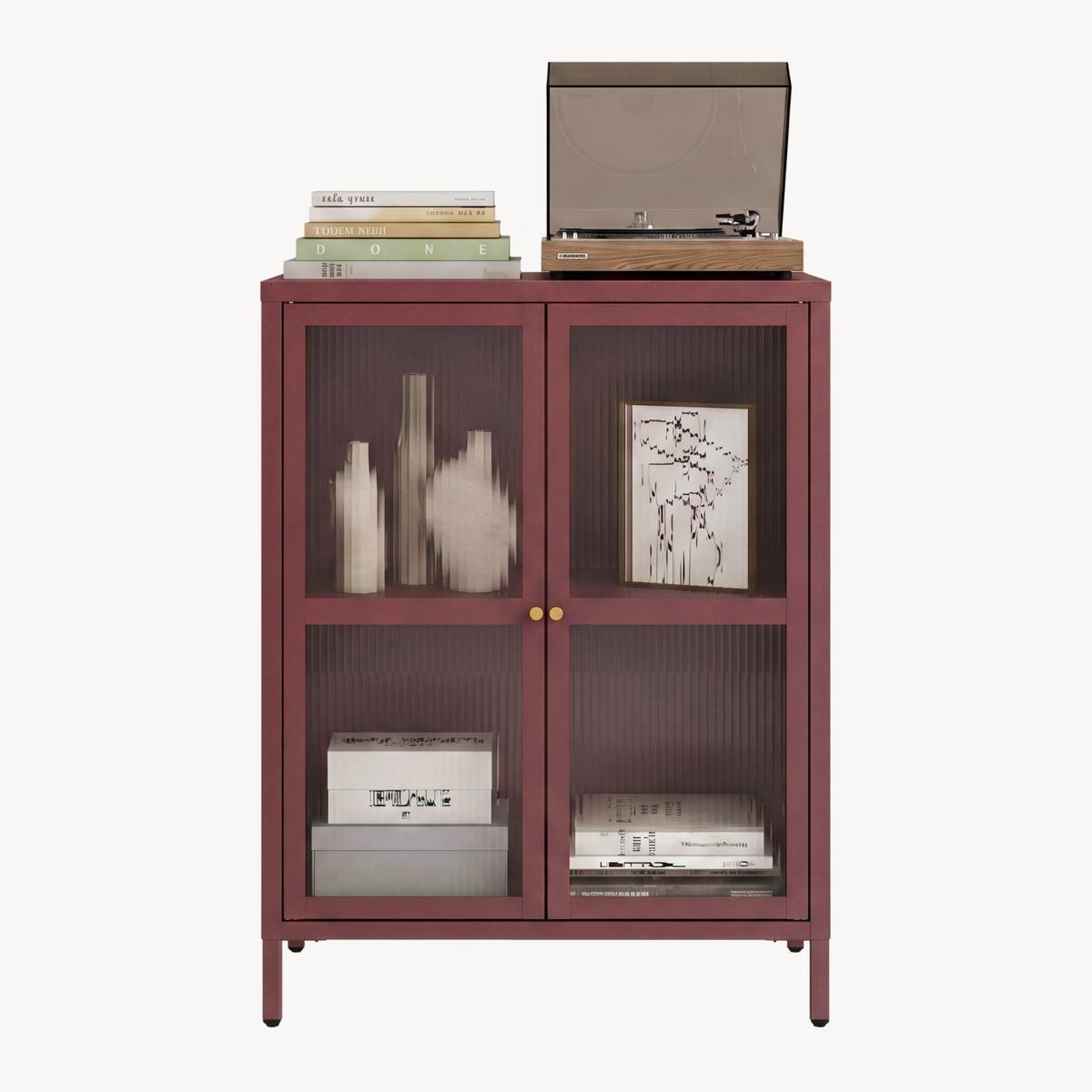 VITRINE Säkylä - Transparent/Bordeaux, Glas/Metall (64/84/35cm) - [en.casa]