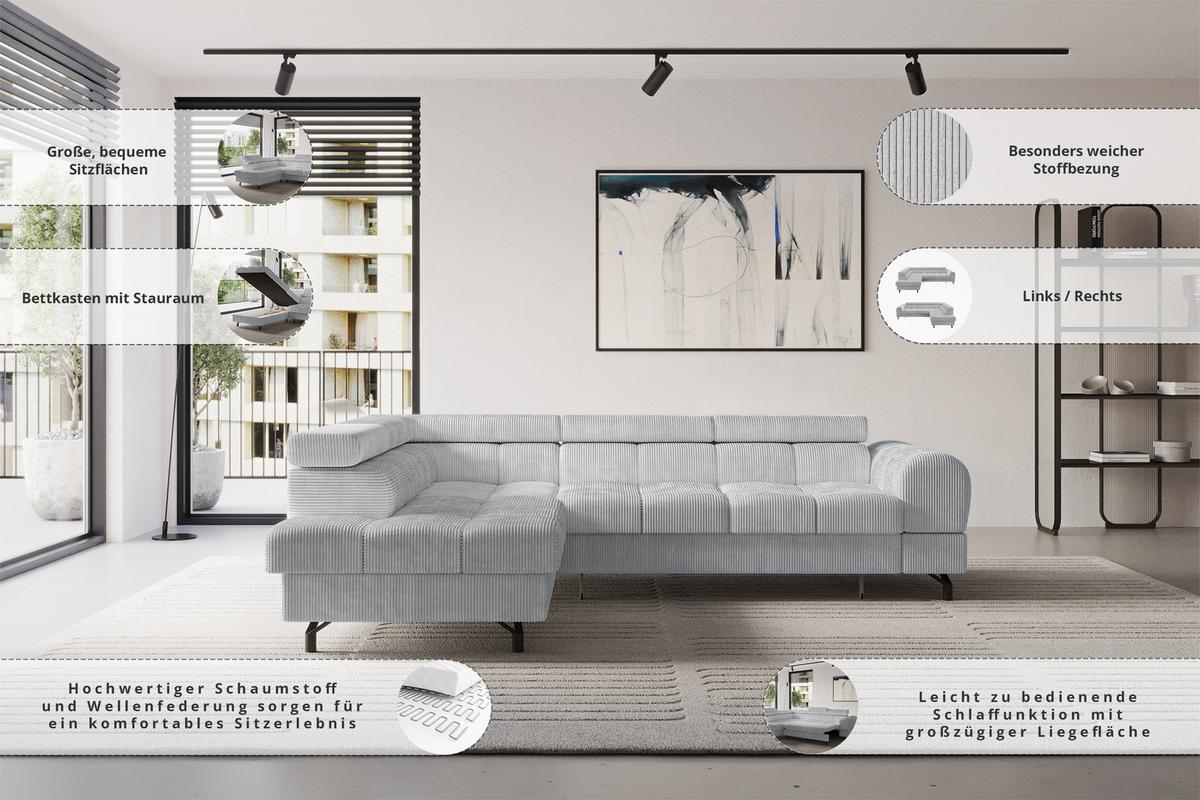 ECKSOFA mit Schlaffunktion Ottomane Links LUMA-L 272x203x70 Grau Cord - Anthrazit/Schwarz, Holzwerkstoff/Kunststoff (272/203cm) - ALTDECOR
