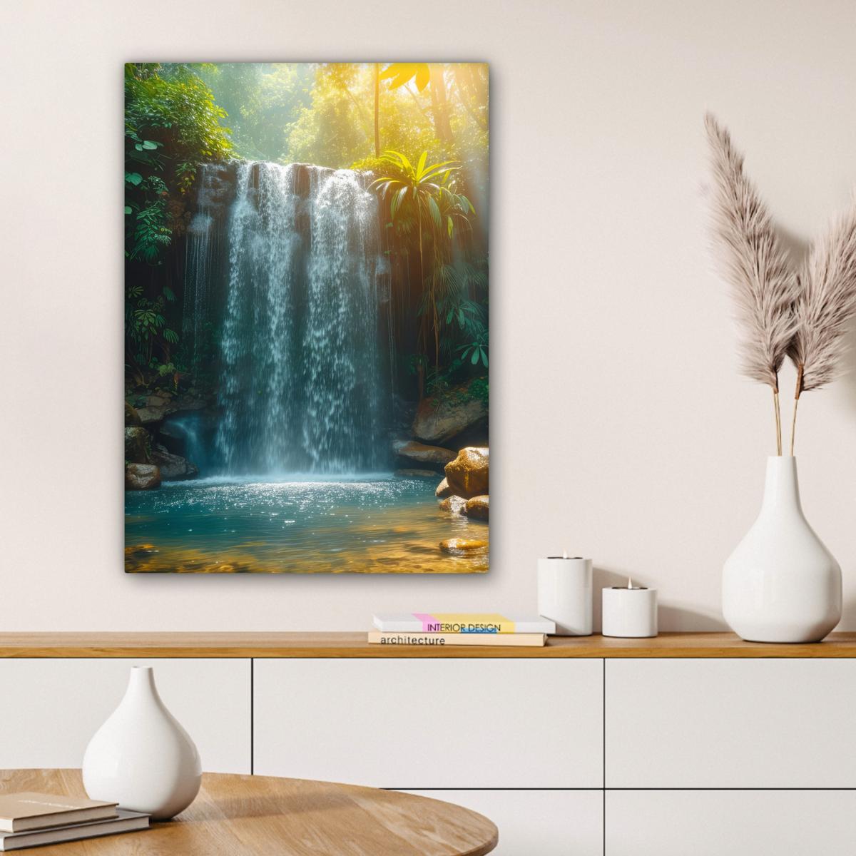 LEINWANDBILD Wasserfall - Dschungel - Sonne - Grün - Natur Wandbild Wohnzimmer 60x80 cm - Grün, Textil (60/80cm) - MuchoWow